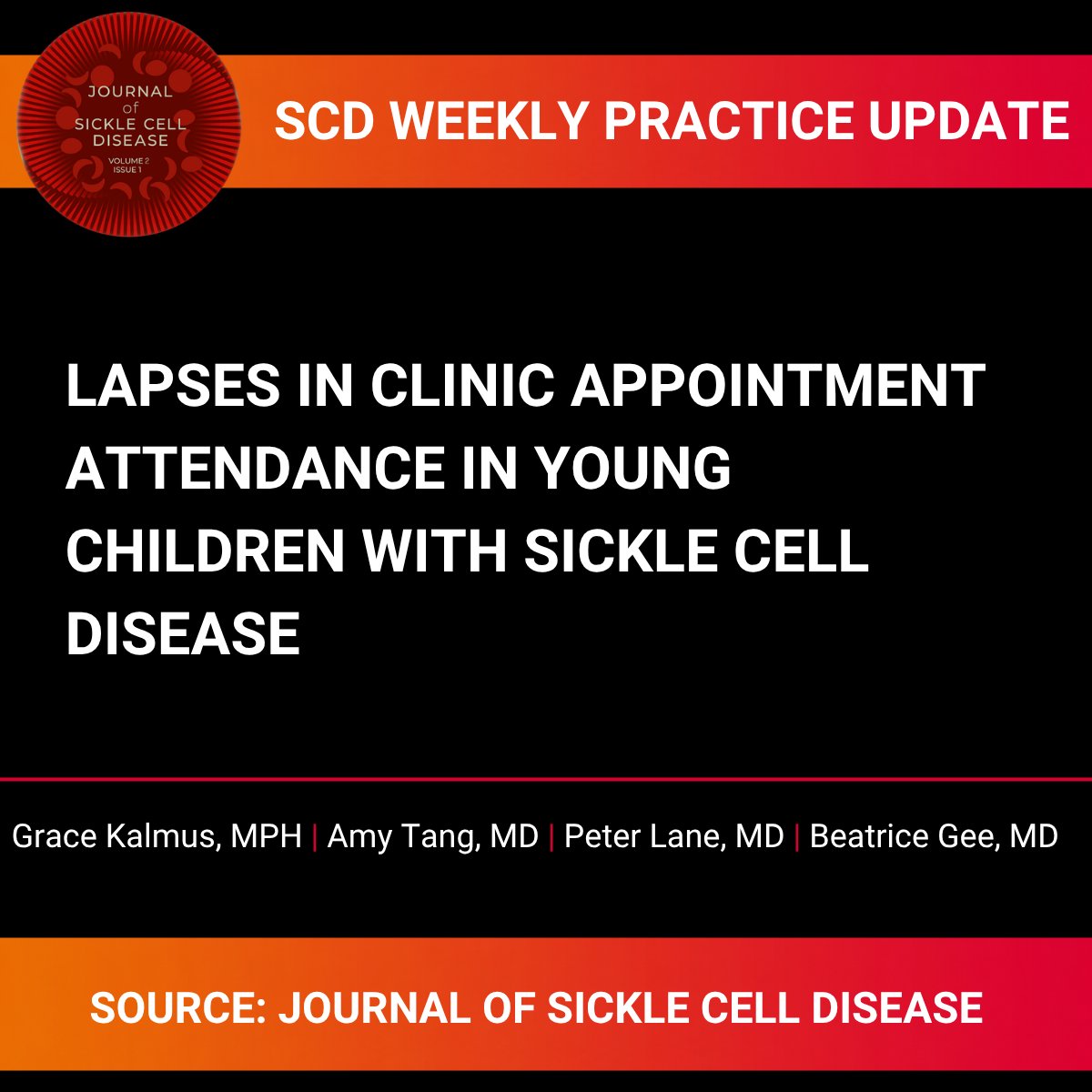 FundSickleCell's tweet photo. 📚SCD Weekly Practice Update

Lapses in clinic appointment attendance in young children with sickle cell disease.

A study published in the Journal of Sickle Cell Disease examined how often young children with sickle cell disease experienced prolonged gaps in clinic attendance and what factors were associated with those lapses.

🔍 Study Highlights

Researchers reviewed clinic attendance through age 6 for 396 children with sickle cell disease who had been seen at Children’s Healthcare of Atlanta before age 1.

💡Key findings included:

160 of 396 children (40.4%) experienced at least one lapse in attendance, defined as more than 365 days between SCD clinic visits.

Among those with a lapse, 34% had their last clinic visit before age 1, and 57% before age 2.

Lapsed attendance was associated with non-SCA genotype, later initial clinic attendance, prior no-show appointments, and, in relevant subgroups, not receiving hydroxyurea by age 2 or TCD screening by age 3.

These were observational associations and do not establish causation.

💡 Why It Matters

Regular SCD follow-up can provide opportunities for disease education, preventive care, screening, treatment monitoring, and supportive services.

This single-site retrospective study cannot determine the clinical consequences of each lapse or which interventions are most effective in preventing prolonged gaps in care.

Current guidance recommends early specialty care, annual TCD screening for eligible children ages 2–16, and offering hydroxyurea beginning at 9 months for children with HbSS or HbSβ⁰-thalassemia.

💭 Discussion

What strategies can healthcare teams use to prevent prolonged gaps in SCD clinic attendance?

How can care teams identify children and families who may need additional support staying connected to specialty care?

Share your perspective — your insights can help strengthen continuity of care for children living with sickle cell disease.

Source: Journal of Sickle Cell Disease, Volume 3, Issue 1, 2026 — Grace Kalmus, MPH; Amy Tang, MD; Peter Lane, MD; Beatrice Gee, MD

#SickleCellDisease #SCDResearch #PatientCare #SickleCellCare #JournalOfSickleCellDisease #PediatricCare #Hydroxyurea