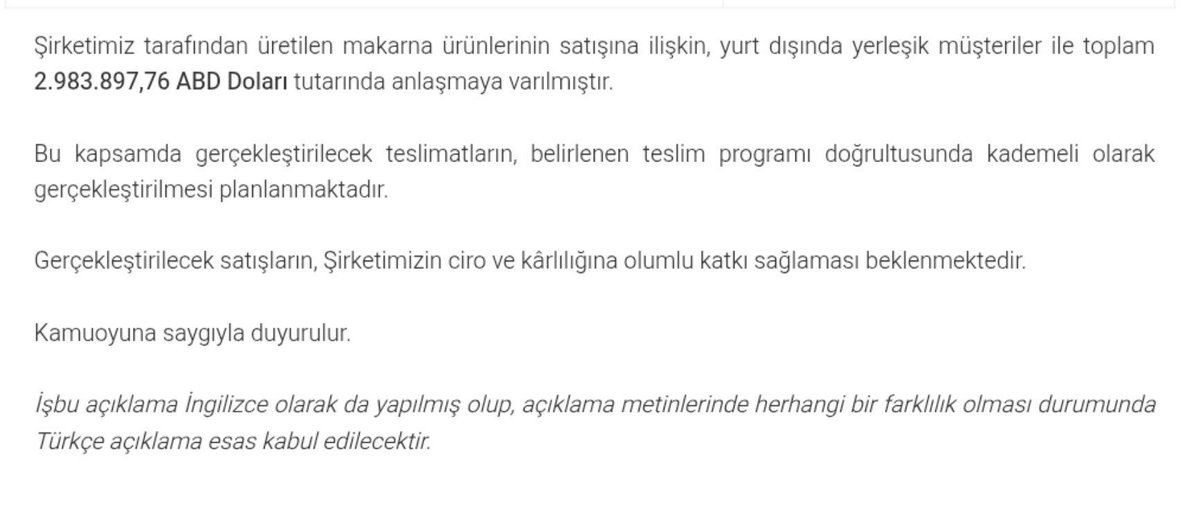 stocktraders77's tweet photo. #GOLDA 

Golda Gıda, 2.983.897 USD tutarında makarna satış sözleşmesi imzaladı. https://t.co/hV50ymBX7V