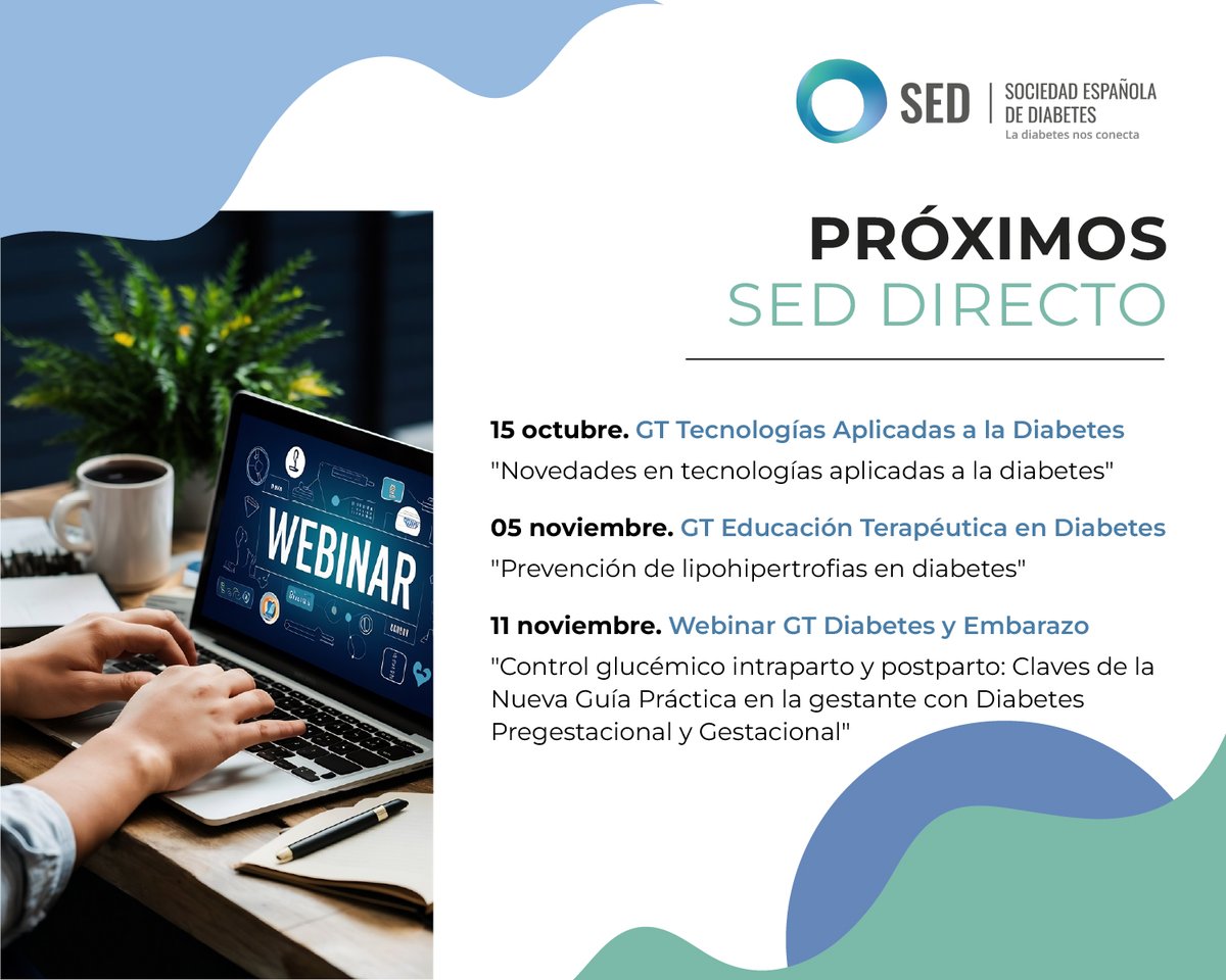 SED: próximas fechas webinars sobre tecnologías, educación terapéutica y diabetes en el embarazo; fechas en octubre y noviembre.