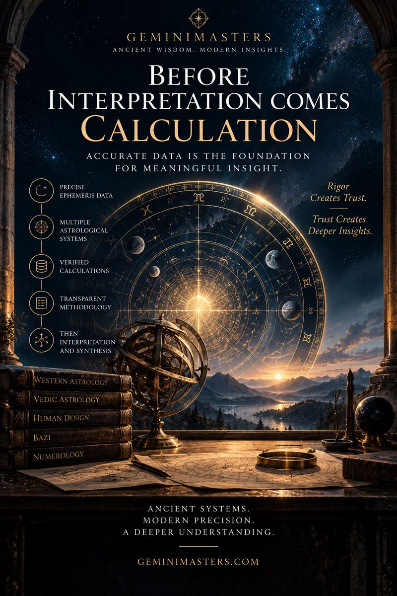 geminimasters25's tweet photo. Before interpretation comes calculation.

GeminiMasters calculates the underlying chart data first. AI doesn't decide your placements—it helps interpret and synthesize structured facts afterward.

Beautiful language matters.

Accurate foundations matter more. https://t.co/NZULj3kZfR
