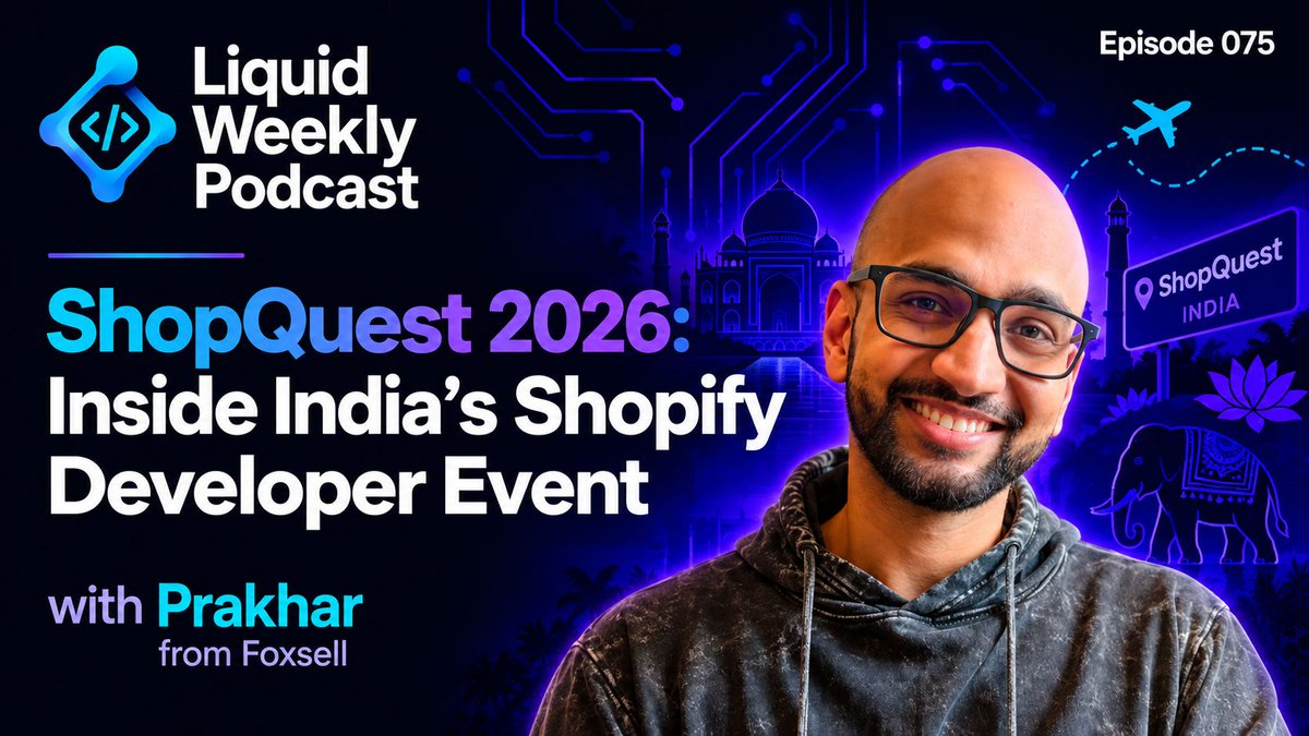 LiquidWeekly's tweet photo. Episode 75 is out!

@PrakharS96 of @FoxSellapp on India's Shopify ecosystem and Shop Quest, which happens October 3 in Bengaluru.

@trpage_dev is going. I am not. We sent him anyway.

Plus the changelog and picks.

https://t.co/tpIuwvDNec https://t.co/b9qyrJncEn