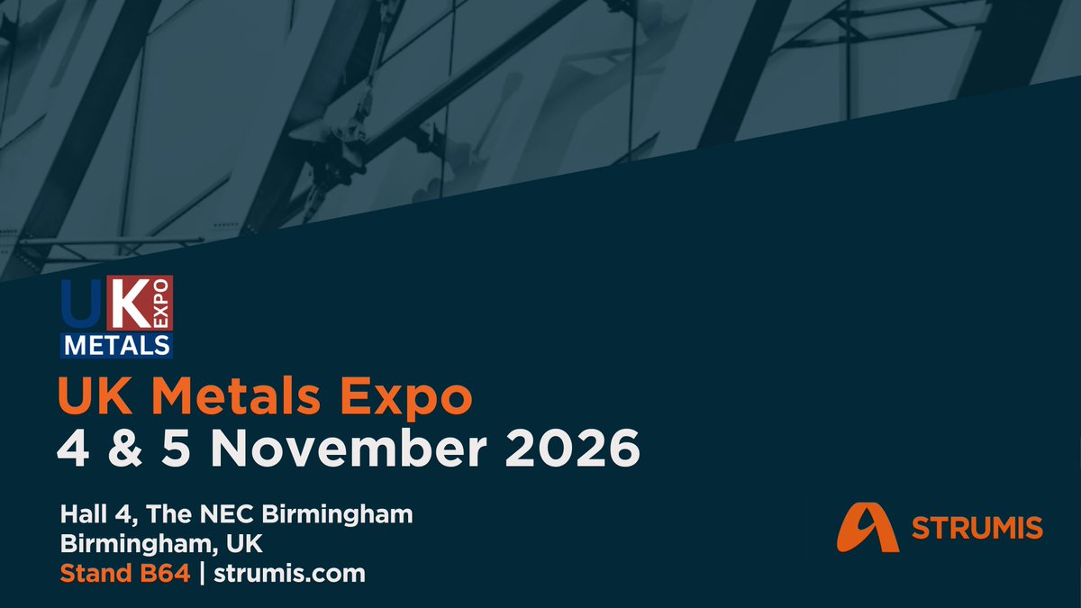 STRUMISGlobal's tweet photo. 📅 Save the Date!

STRUMIS is proud to be exhibiting at @UK_Metals 2026
🗓️ 4–5 November
📍 NEC Birmingham, Stand B64
See STRUMIS V12 in action and discover what’s new for quality, traceability and fabrication.
🎟️ Register: https://t.co/6KVrujyEuf
#STRUMIS #UKMetalsExpo https://t.co/v9RpZQ3w05