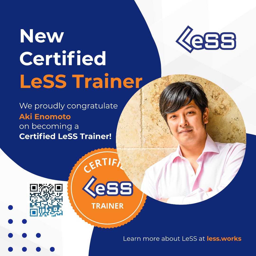 less_works's tweet photo. Congratulations to 𝐀𝐤𝐢 𝐄𝐧𝐨𝐦𝐨𝐭𝐨, now a Certified LeSS Trainer. 🎉 Since 2017 he helped GROOVE X descale from ~20 to 120 people building the LOVOT robot.

榎本明仁さん、認定LeSSトレーナー就任おめでとうございます。🎉

https://t.co/wBvP44hO5Z https://t.co/sYOV3gbNwD