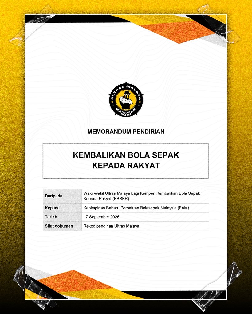 ultrasmalaya07's tweet photo. Hari ini, Ultras Malaya secara kolektif telah menyerahkan Memorandum Kembalikan Bola Sepak Kepada Rakyat kepada kepimpinan baharu FAM.

Memorandum tersebut turut dihantar melalui e-mel rasmi kepada Setiausaha Agung FAM dan pihak-pihak berkaitan. https://t.co/YcnrCYwK2n