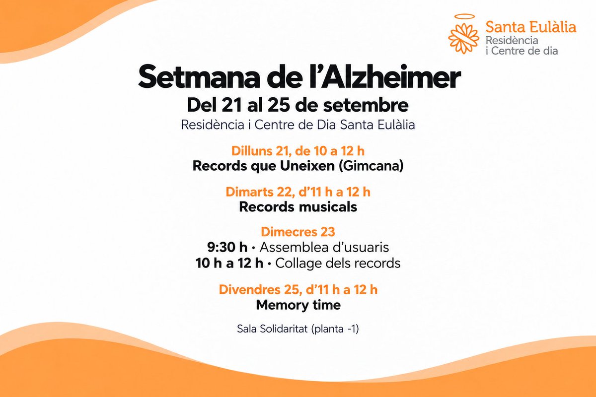 f_santaeulalia's tweet photo. 🧡 Amb motiu del Dia Mundial de l’Alzheimer, a la Residència i Centre de Dia Santa Eulàlia hem preparat una setmana d’activitats per compartir records, emocions i vivències.

📅 21 al 25 de setembre
📍 Sala Solidaritat

Perquè recordar junts també és una manera de cuidar-nos. https://t.co/3DRmCPbnwN