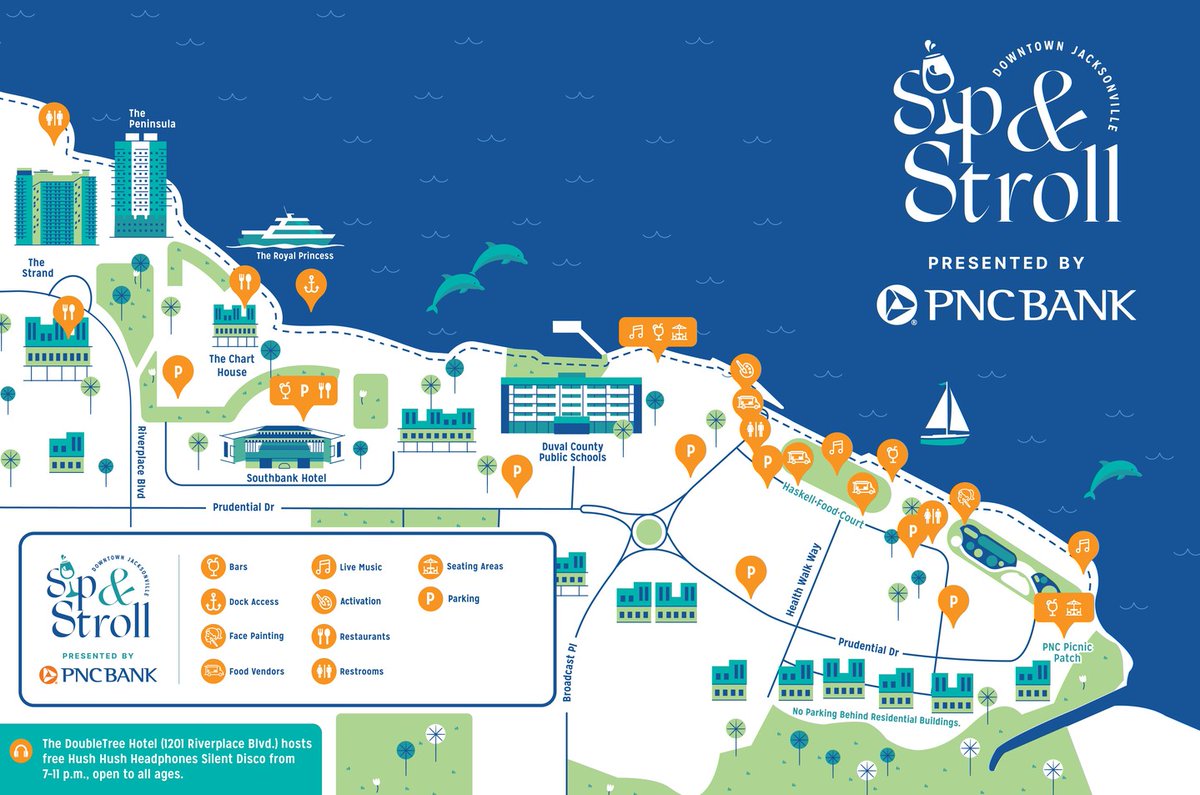 DTJax's tweet photo. TONIGHT! We'll see you at RiversEdge with Rio Latino from 5-8 p.m. for the return of Third Thursday Sip & Stroll Presented by @PNCBank 🌊🍷

🌴 NEW LOCATION: Sip & Stroll will take place at RiversEdge (2010 Prudential Drive). Check out the map included in this carousel for a visual of the updated footprint!

Find more information on parking, programming and more at https://t.co/KqbVVWBeVo ⭐

📸: Cre8Jax