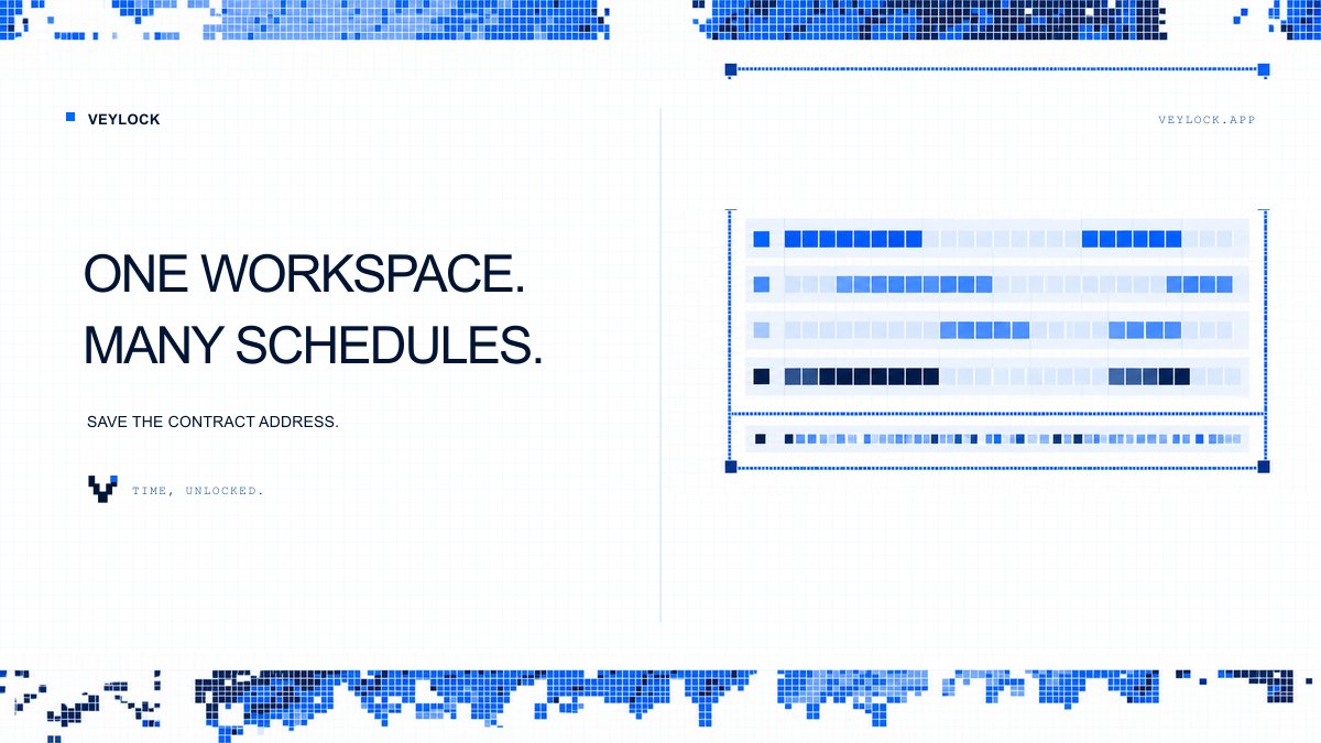 veylockapp's tweet photo. One $VEYLOCK workspace can hold many schedules across supported ERC-20 tokens.

Its contract address is the permanent reference. Save it with the deployment transaction hash, then reopen the same workspace from another device. The records remain onchai https://t.co/GuCuFOqSd9