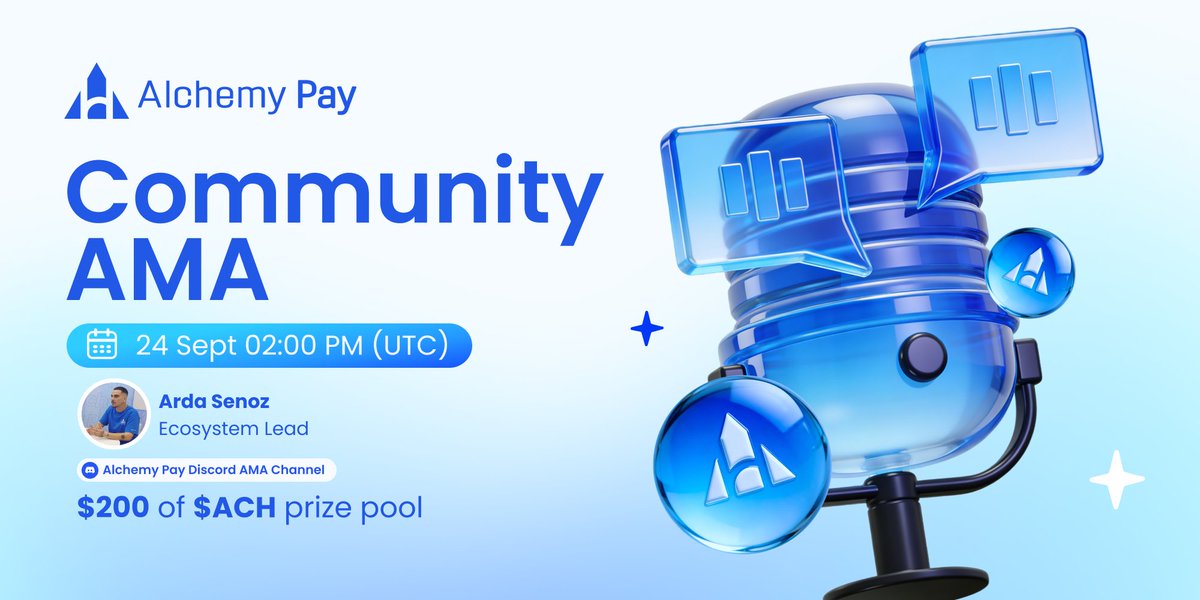 AlchemyPay's tweet photo. 📢Community #AMA on Sept 24th! Win a share of $200 in $ACH for the 10 best questions about our latest update!

1⃣Follow @AlchemyPay &amp; @AlchemyPayNews_
2⃣RT, Like &amp; Tag 3 friends
3⃣Leave your question below

Discord: https://t.co/M74BzCa9ng 
#AlchemyPay https://t.co/8cu315zujh