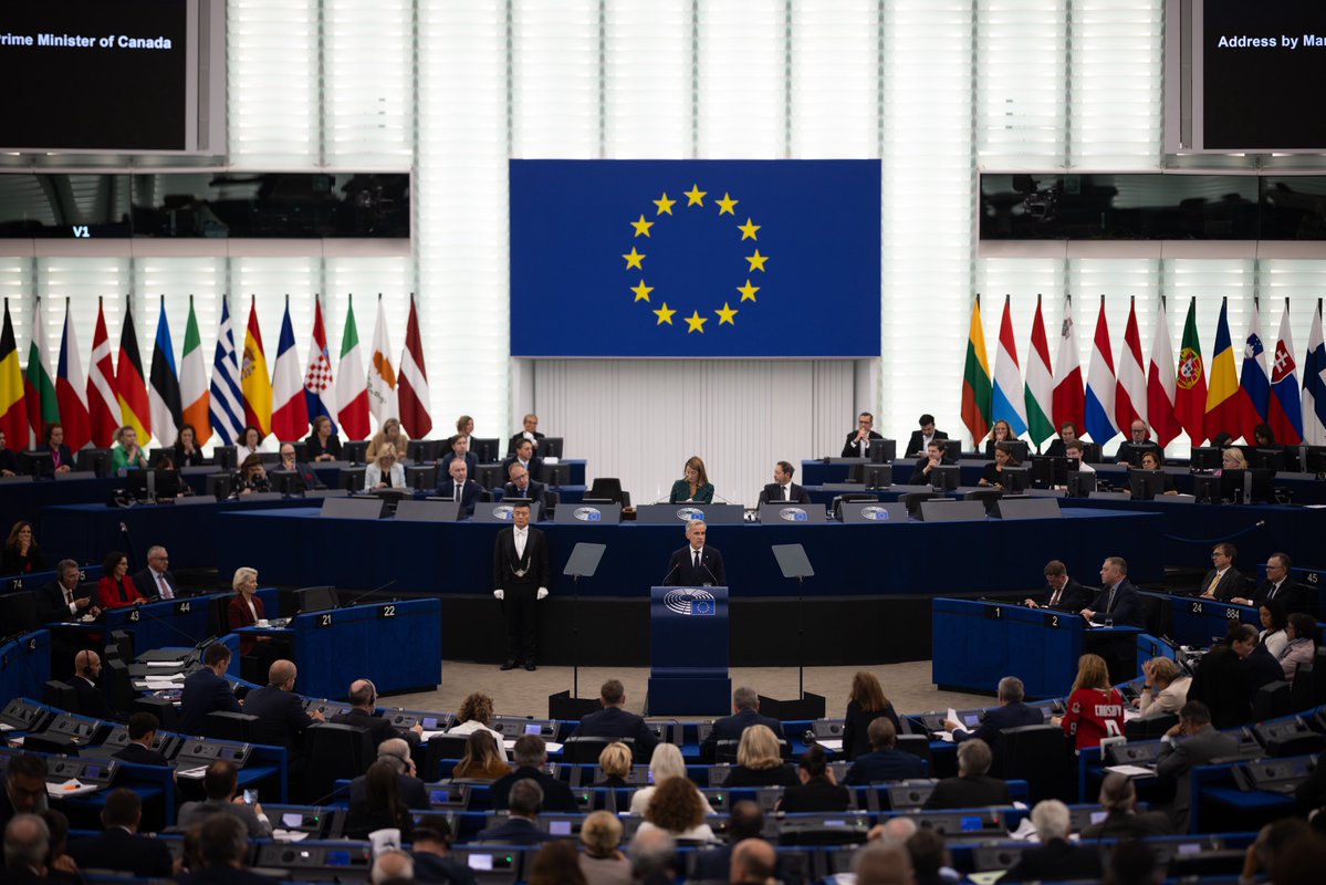 MarkJCarney's tweet photo. The alliance between Canada and Europe is not defined by what we oppose. It is about what we are for: freedom, solidarity, prosperity, sustainability. An alliance strong enough so that no one can dictate our choices.

Europe and Canada are each strong. Europe and Canada are even stronger together.

An honour to address the European parliament today.