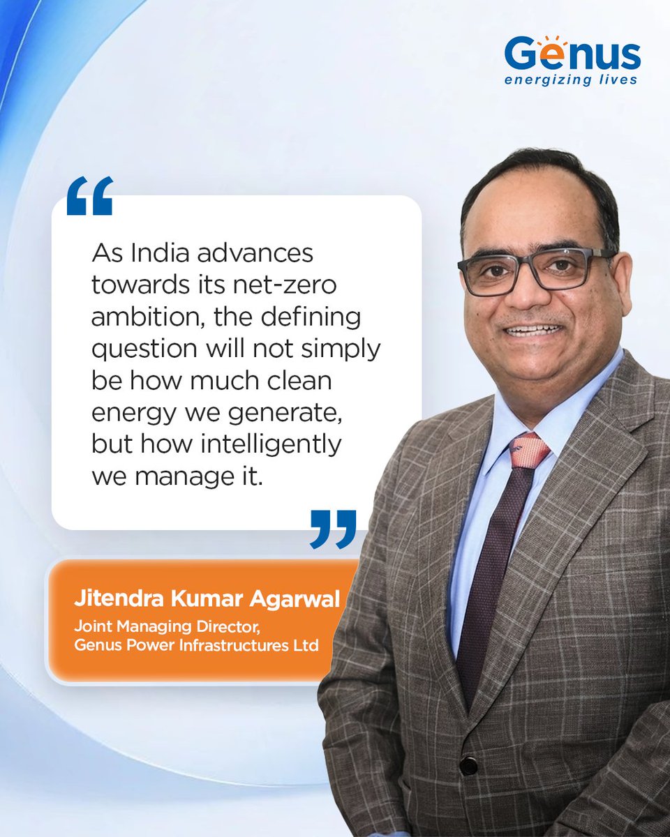 genuspower's tweet photo. India’s clean energy transition is entering a decisive phase.

With India targeting 500 GW of non-fossil fuel capacity by 2030 and Net-Zero emissions by 2070, transforming the power grid is as important as expanding clean energy generation.

In his latest article for Hindustan Times (@htTweets)  our JMD Mr. Jitendra Kumar Agarwal (@JKAgarwalGenus) emphasizes how India’s energy transition will not be defined by how much clean energy we generate. It will be defined by how intelligently we manage it.

As renewable energy, EVs, rooftop solar and battery storage scale, the electricity grid is becoming far more dynamic. The old model of a largely one-way power system is giving way to an ecosystem where generation, distribution and consumption must constantly respond to one another.

That makes energy data a strategic asset. Smart meters are an important part of this shift. When connected with secure communication networks, data platforms and AI-led analytics, they can give utilities the visibility to understand demand in near real time, identify losses, manage peaks, improve outage response and integrate more renewable power into the grid.

India’s clean-energy ambitions therefore need to be matched by an equally ambitious digital transformation of the power sector.

How can smart meters and digital intelligence accelerate India's Net-Zero journey?

Read Here: https://t.co/ApFAIoRx7P

#NetZero #EnergyTransition #CleanEnergy #SmartGrid #SmartMetering #DigitalEnergy #EnergyDigitalisation #GridModernisation #RenewableEnergy #EnergyData #AIInEnergy #PowerDistribution #EnergyInfrastructure #GenusPower #PoweringIndia