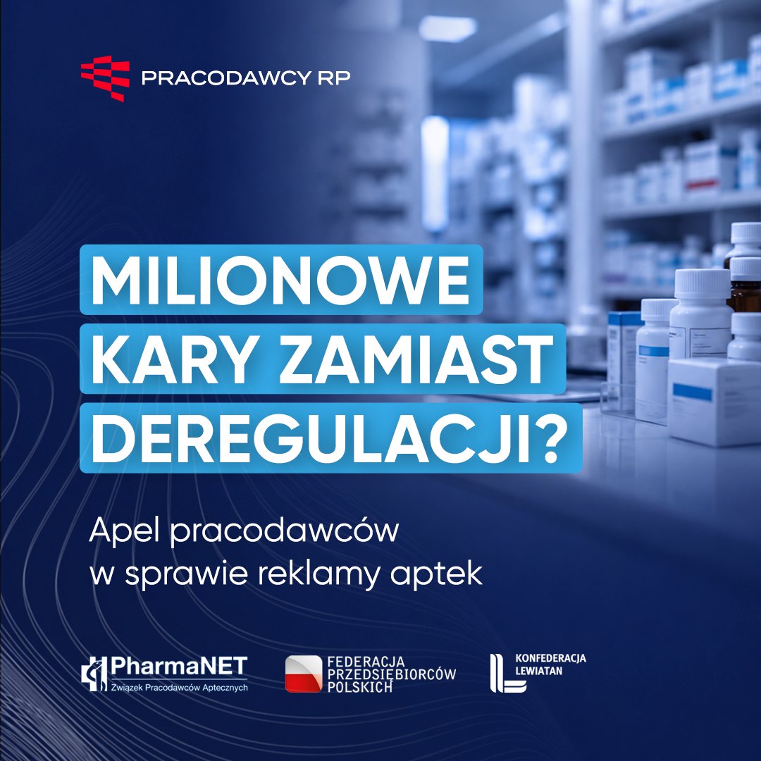 PracodawcyRP's tweet photo. Milionowe kary zamiast deregulacji?

Apelujemy o proporcjonalność, przewidywalność prawa i rzeczywiste wykonanie wyroku TSUE w pracach nad zmianami dotyczącymi reklamy aptek.

Niepokój budzi poprawka, która przewiduje podniesienie maksymalnej kary do 1 mln zł i możliwość jej naliczania odrębnie w odniesieniu do każdej apteki lub punktu aptecznego objętego naruszeniem.
To może stworzyć mechanizm sankcji o skali niewspółmiernej do charakteru naruszenia i wywołać efekt mrożący: przedsiębiorcy, obawiając się odpowiedzialności, mogą rezygnować także z legalnej komunikacji z pacjentami.

Stoimy na stanowisku, że potrzebujemy jasnych zasad, skutecznej ochrony pacjentów oraz sankcji proporcjonalnych do naruszenia, nie rozwiązań, które zwiększają niepewność prowadzenia działalności.

Wspólny apel w tej sprawie podpisali Pracodawcy RP, @Konf_Lewiatan, @Federacja_PL oraz @ZPAPharmaNET.

👉 Więcej w naszej informacji prasowej: https://t.co/2WH5AyAXh2

#PracodawcyRP #Deregulacja #Prawo #Apteki #Biznes #PewnośćPrawa