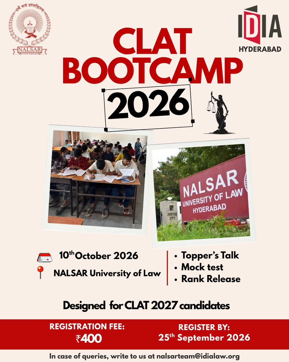 IDIALaw's tweet photo. 𝐂𝐋𝐀𝐓 𝐁𝐨𝐨𝐭𝐜𝐚𝐦𝐩 𝐀𝐥𝐞𝐫𝐭! 

Gear up, future law stars! IDIA Hyderabad Chapter brings you an exclusive CLAT Bootcamp at NALSAR University of Law, featuring a Topper's Session + full-length CLAT-pattern mock test to test where you truly stand! 

- Saturday, 10th October 2026
- NALSAR University of Law
- Learn from the best. Test like it's the real deal.

Register before 25th September 2026 

Spots are limited. Don't miss your shot at cracking CLAT the smart way! 

Register now: https://t.co/51bzeENWXG

#CLAT2027 #IDIAHyderabad #NALSAR #CLATBootcamp #LawAspirants #CrackCLAT #IDIA #LegalEducation