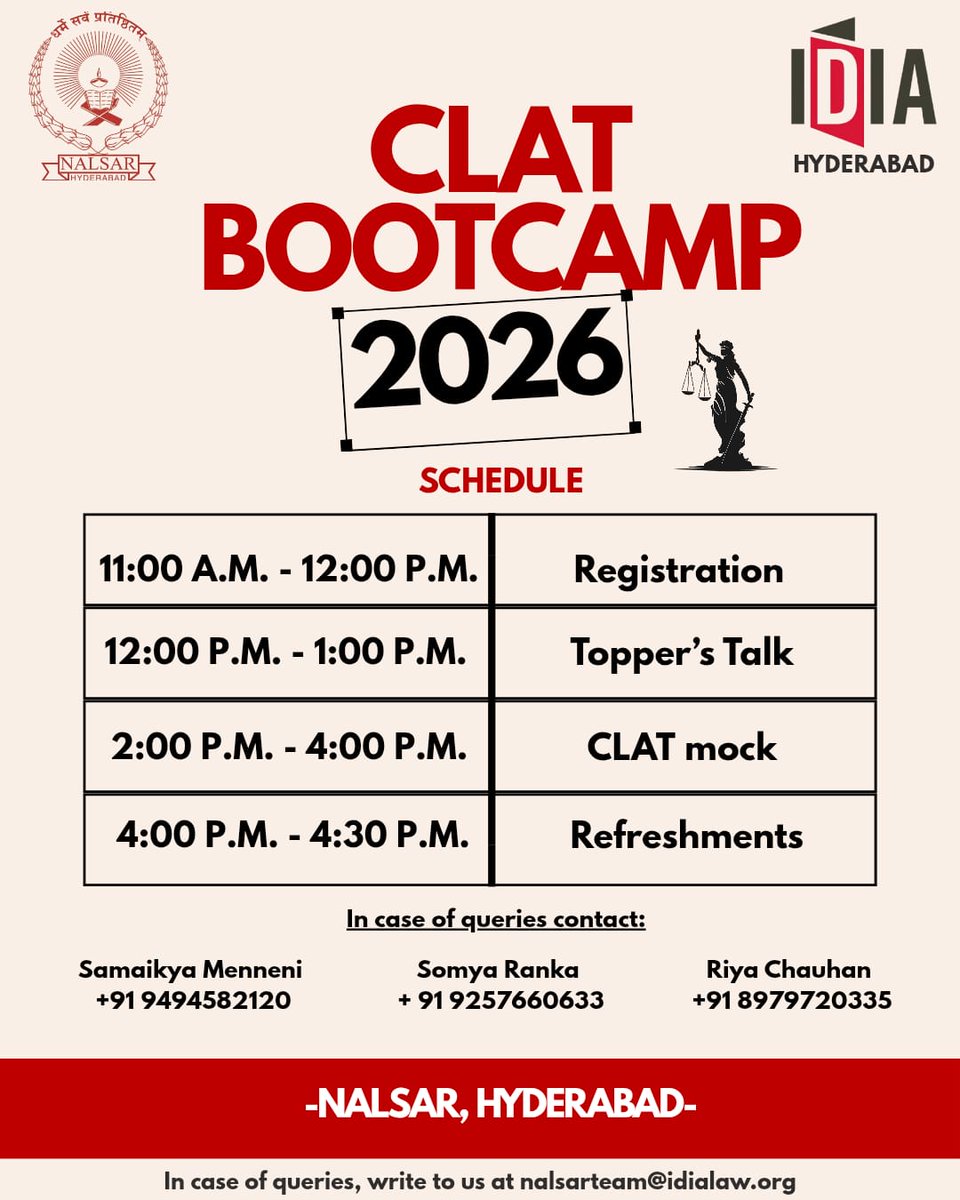 IDIALaw's tweet photo. 𝐂𝐋𝐀𝐓 𝐁𝐨𝐨𝐭𝐜𝐚𝐦𝐩 𝐀𝐥𝐞𝐫𝐭! 

Gear up, future law stars! IDIA Hyderabad Chapter brings you an exclusive CLAT Bootcamp at NALSAR University of Law, featuring a Topper's Session + full-length CLAT-pattern mock test to test where you truly stand! 

- Saturday, 10th October 2026
- NALSAR University of Law
- Learn from the best. Test like it's the real deal.

Register before 25th September 2026 

Spots are limited. Don't miss your shot at cracking CLAT the smart way! 

Register now: https://t.co/51bzeENWXG

#CLAT2027 #IDIAHyderabad #NALSAR #CLATBootcamp #LawAspirants #CrackCLAT #IDIA #LegalEducation