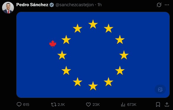 MarioNawfal's tweet photo. 🇪🇸🇨🇦🇪🇺 Spanish PM Sánchez just stuck a Canadian maple leaf on the EU flag.

EU chief von der Leyen offered Ottawa a brand-new status as the bloc’s first “associate member" and Canadian PM Carney welcomed a deeper alliance.

Trump called the idea a hostile act and threatened more tariffs... 

Source: @sanchezcastejon / Writer: Samuel