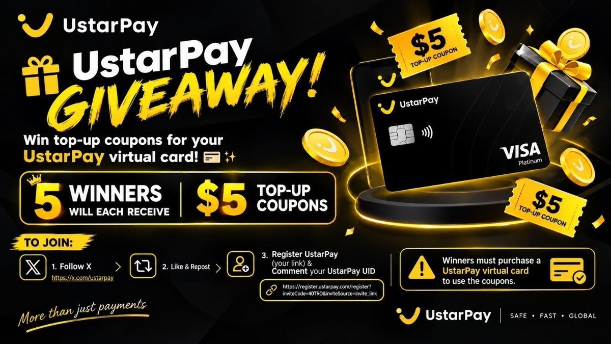 TeoMercer's tweet photo. 🎁 UstarPay giveaway!!

5 winners will each get a $5 top-up coupon for their UstarPay virtual card 💳

Pretty simple to enter:

✅ Follow @ustarpay 

✅ Like + repost

✅ Register here: https://t.co/oGYfiGmVXT

✅ Drop your UstarPay UID in the comments

Just keep in mind: winners need to purchase a UstarPay virtual card to use the coupon.

Good luck 👀🍀
