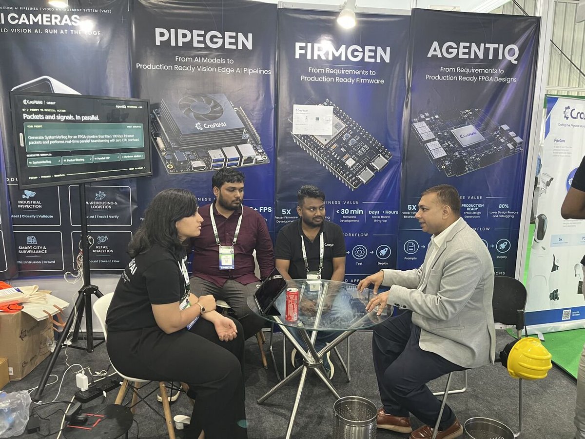 craftifai's tweet photo. Day 1 at #ElectronicaIndia2026 #ProductronicaIndia2026, and people were already flabbergasted by the leaps in hardware automation.

We brought the bench to the floor. 
PipeGen drove the TurtleBot demo, inference running on the module itself with nothing leaving the device. 
FirmGen handled the other one: datasheet in, working firmware out for a machine vibration node, on a board visitors could stand over and watch boot.

Having people ranging from Industrial IoT teams to robotics builders and silicon engineers all give the exact same reaction tells us one thing.

The massive gap we’ve been working to solve between hardware that exists and software that runs on it is finally ready to close.

If you are at the show, come find us at Hall 2, Stand H2.F29 and see it boot for yourself.

#embeddedsystems #robotics
