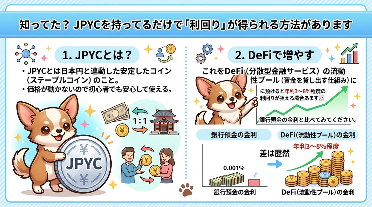 Ems3Ecq's tweet photo. JPYCを持ってるだけで
「利回り」が得られる方法

JPYCとは日本円と連動した安定したコイン

価格が動かないので初心者でも安心

これをDeFiの流動性プールに預けると
年利3〜8%の利回りが狙える

銀行預金の金利と比べると差は歴然

参考になったらフォローお願いします
#JPYC #DeFi
#BTC #ETH
#Web3 https://t.co/IzXKIaff7B