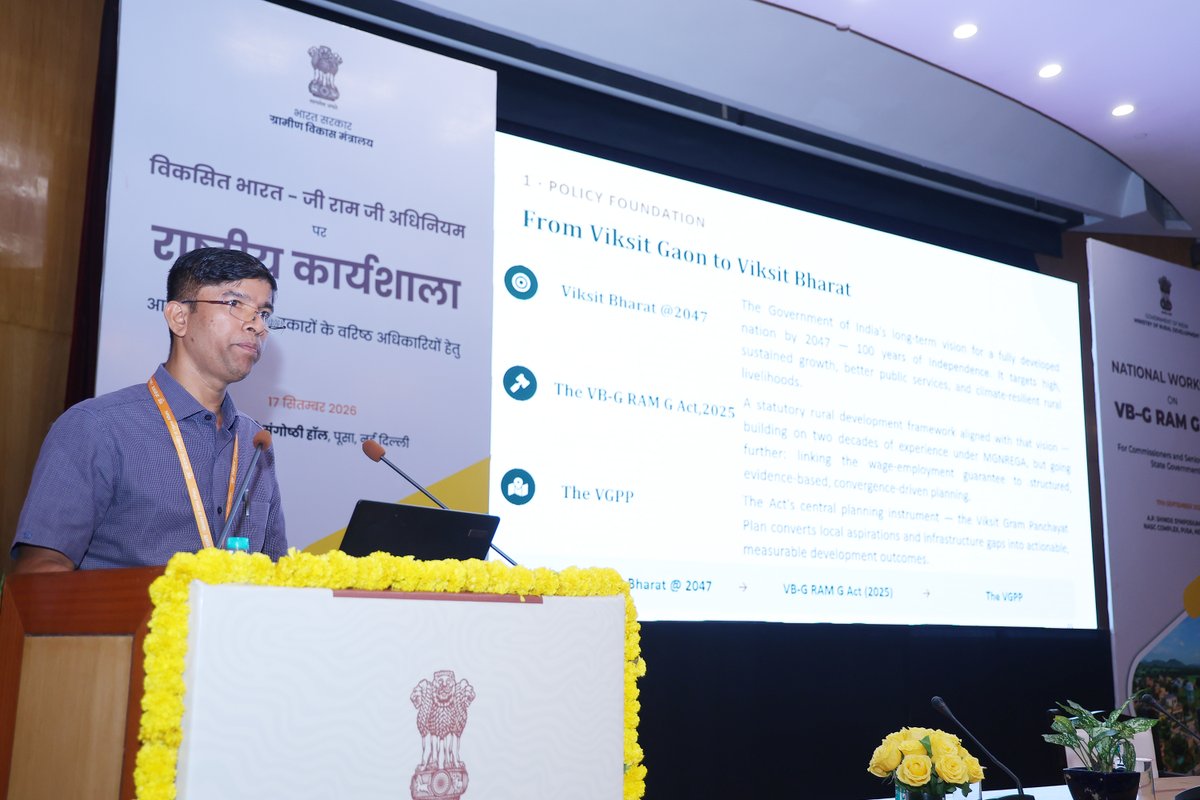 MoRD_GoI's tweet photo. At the National Level Workshop on Viksit Bharat - G RAM G Act, a dedicated session on VGPP focused on participatory, evidence-based and convergence-driven planning at the Gram Panchayat level.

🔹 Gram Sabha-led planning to identify local needs and development gaps 
🔹 Vulnerable household-centric approach to ensure no one is left behind 
🔹 GIS-based planning & Yuktdhara for data-driven prioritisation 
🔹 Convergence and saturation for better utilisation of public resources.

VGPP is more than a plan - it is a roadmap for building Viksit Gram Panchayats and prosperous rural communities.

The webinar was virtually attended live by more than 4 lakh participants.

#VBGRAMG #ViksitBharat_GRAMG #MoRD #RuralEmployment #GRAMG #125days_RozgarKiNayiGuarantee #125daysGuarantee_G_RAM_G #ViksitBharat_G_RAM_G #SchemesofRD #VB_GRAMG

@ChouhanShivraj @OfficeofSSC @kamleshpassi67 @PemmasaniOnX @PIB_India @MIB_India @kansalrohit69 @AgriGoI @mygovindia @airnewsalerts @PMOIndia @Narendramodi @DDNational