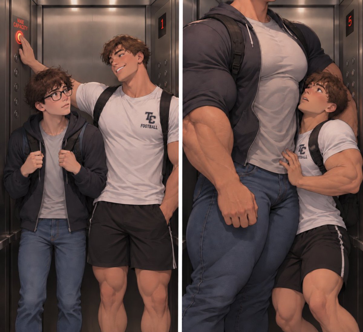 aimuscle286065's tweet photo. Flirting in an elevator is already a bold move, but be extra careful leaning against the controls… you might accidentally hit the MAX CAPACITY button and watch the little guy you were flirting with suddenly become so huge that you end up squeezed between him and the elevator https://t.co/hlNQyvz4Lc