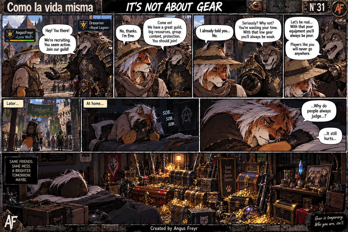 AngusFreyr's tweet photo. “The Richest Poor Man” 💰
#ComoLaVidaMisma #AngusFreyr #GilbertFansworth #AlbionOnline #MMORPG #GamingHumor #FurryComic #NeverJudge #HiddenWealth #PunkFox #AFEditorial https://t.co/sLD5wfK1m8