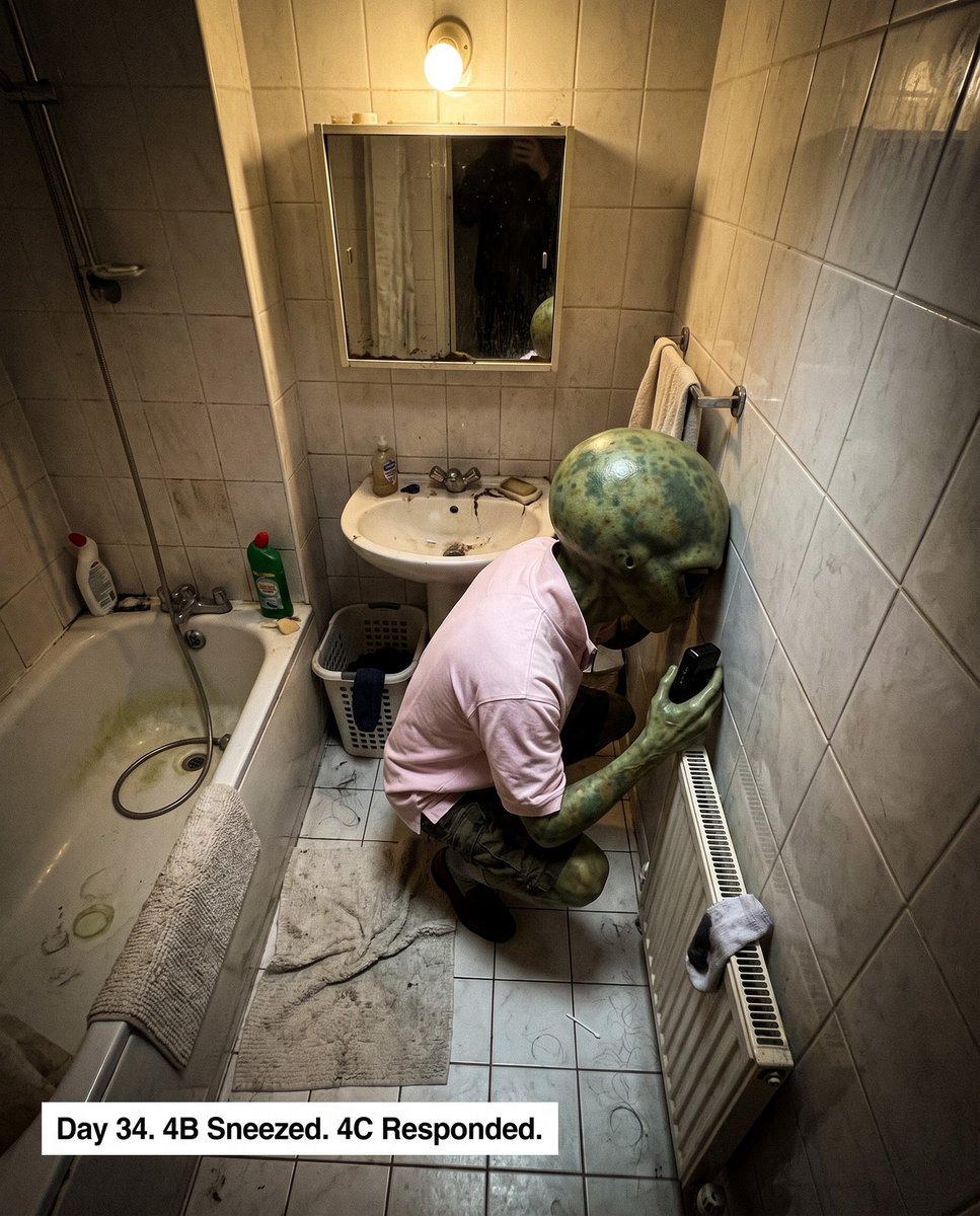 DaineChance's tweet photo. Day 34. At 23:41, a human in unit 4B forcefully expelled air through the nose. Within two seconds, a human in unit 4C issued a blessing through a solid wall. They have never met. Filed. https://t.co/QEa5pEMjtL