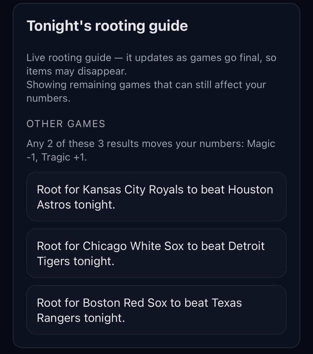SportsMagicNum's tweet photo. The @CleGuardians find themselves in a dog fight for the AL Central crown looking for several results tonight being @Royals, @whitesox and @RedSox wins. 

Meanwhile the @Braves are down to 1!

Full #MagicNumber breakdowns for every game! #MLB #MLBPlayoffs https://t.co/H4UBkk7Tns