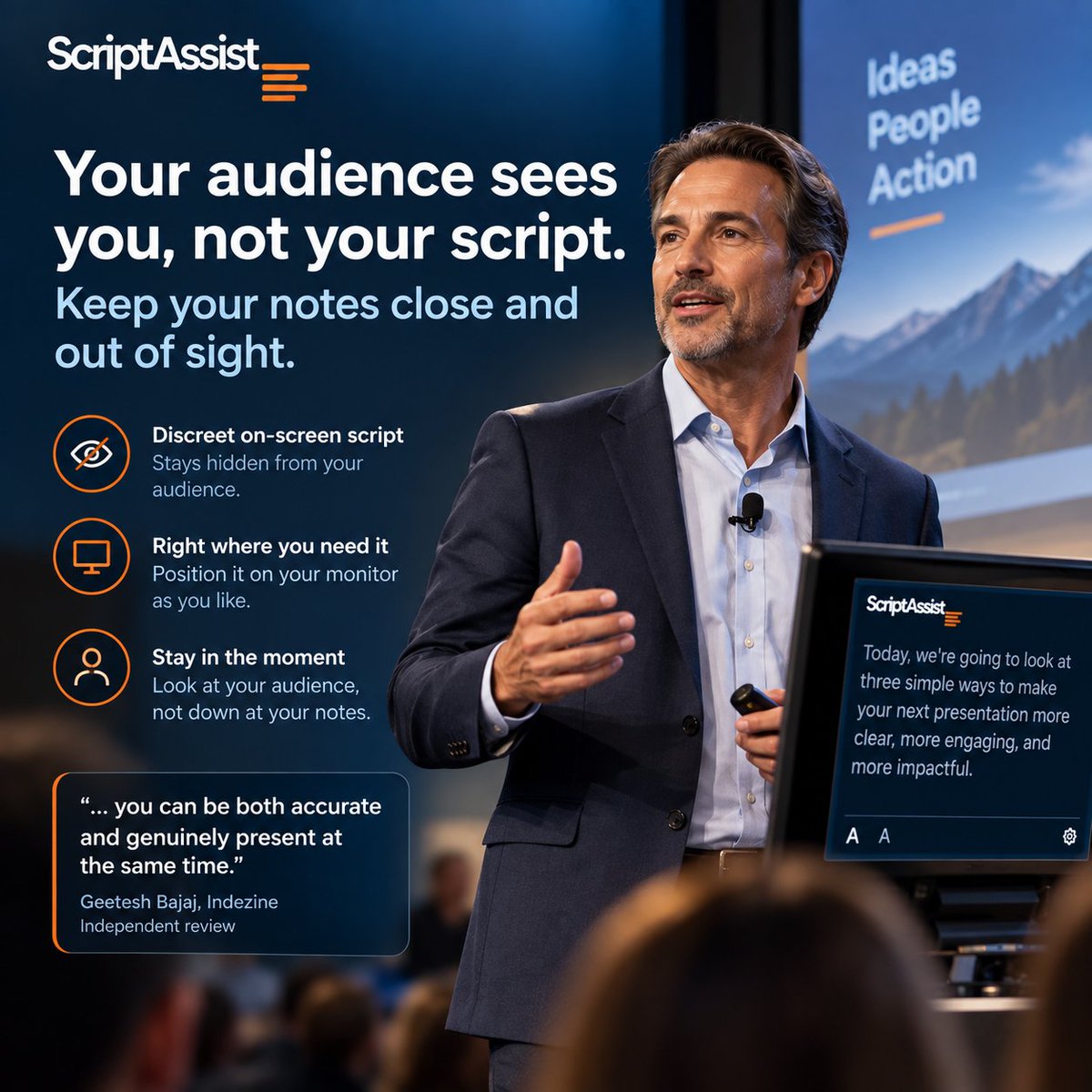 SlideSource's tweet photo. Your audience doesn't need to know you're using a script.

ScriptAssist keeps your script visible to you while your audience sees only the presentation... even during screen sharing.

Stay focused on the audience.

https://t.co/FfMr3d2I6d

#PresentationSkills #ScriptAssist https://t.co/MPXpt8gIT9