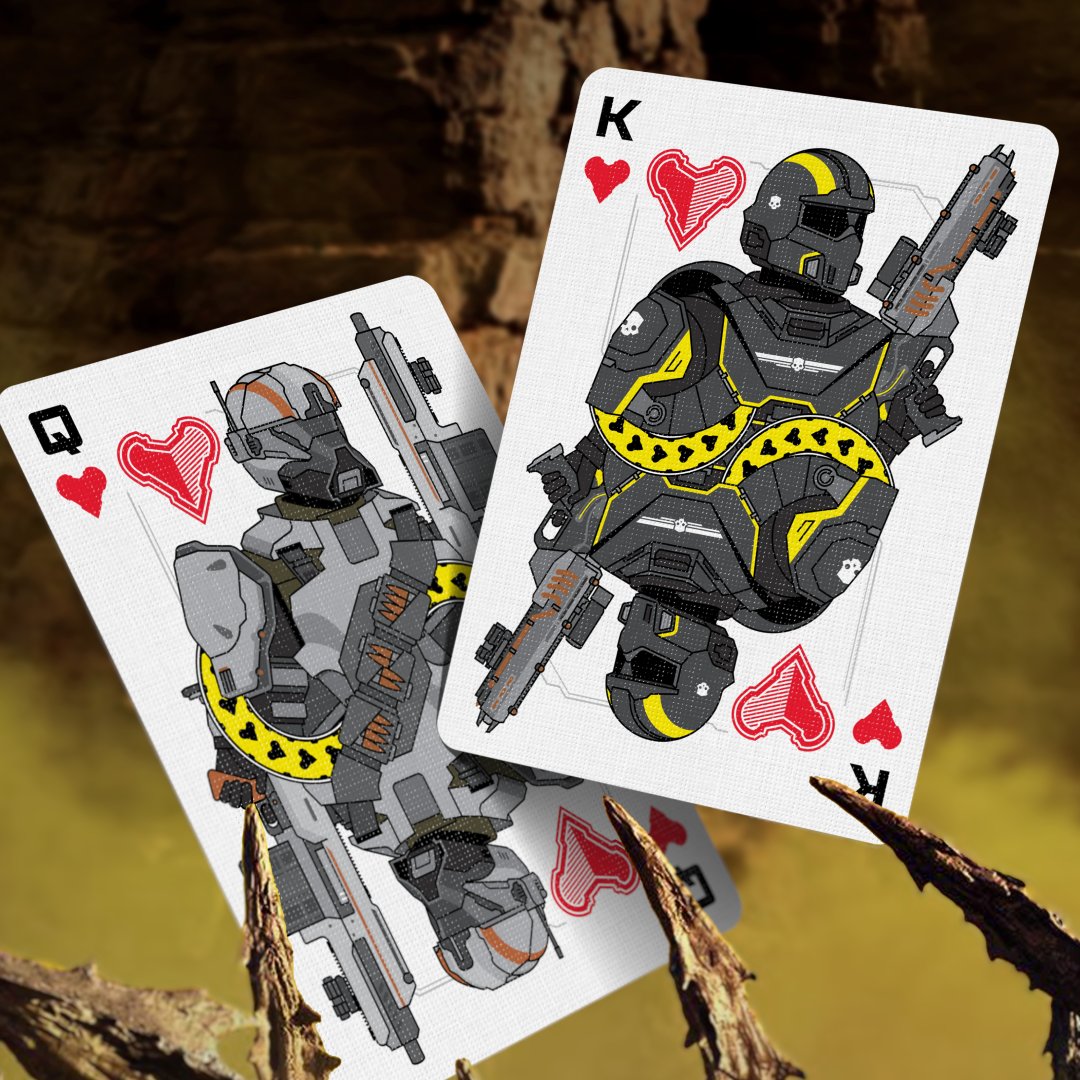helldivers2's tweet photo. ATTENTION, CITIZENS.

Your hands serve Super Earth two ways: calling Stratagems, and dealing a hand so clean the whole crew falls silent in respect.

We've issued standard equipment for both.

Matte black. Blazing yellow. Custom faces, pips, and aces, not one stock card in the ranks.

♠️ Hive Lords & Bile Titans
♣️ Factory Striders & Devastators
♦️ Harvesters & Overseers
♥️ Super Earth's finest

Deploy the deck. Spread Democracy.

Get yours: https://t.co/g2TpM7Cs16

#GiveEmHell 🦅