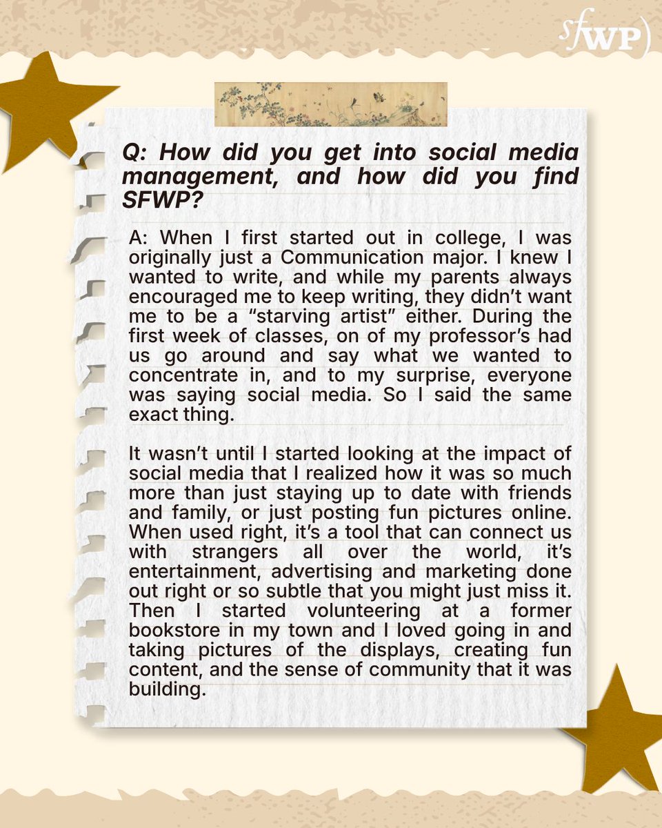 SFWP's tweet photo. Next up in our Q&amp;A interview is with our social media manager, @lindsay_stenico!

In part one we're tackling the impact of social media, how Lindsay started working with SFWP, and getting a glimpse into what her writing process looks like.

Watch out for part two! https://t.co/oL7mWTVZE3