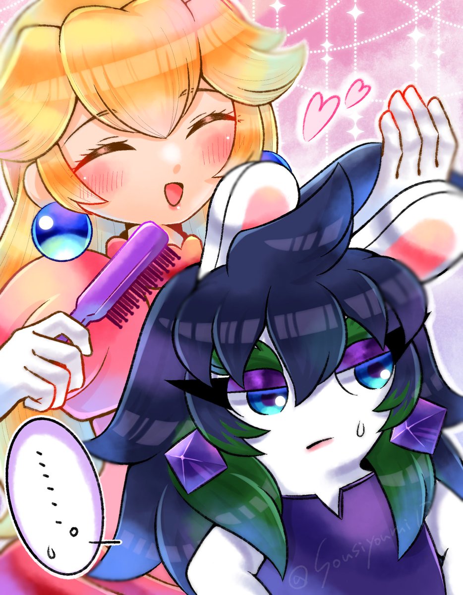 sousiyourui13's tweet photo. マリラビ�� 
ピーチにノリノリでヘアセットされるエッジさん（髪下ろし姿捏造） https://t.co/c6ZcM7rPWo