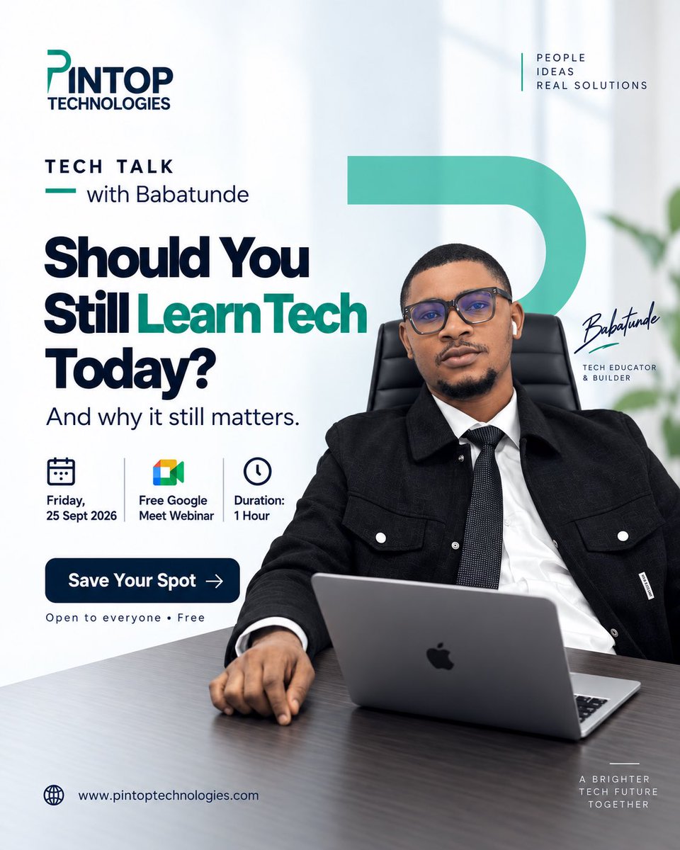 pintop_official's tweet photo. Thinking of learning tech but not sure if it still makes sense in 2026?
Join me for a free 1-hour Tech Talk with Babatunde on Friday, 25 Sept.
RSVP: https://t.co/1sa3DVKAFs

#TechTalk #LearnTech #TechCareer #PintopTechnologies #TechWebinar #CareerInTech https://t.co/WDt2OJdoQ6