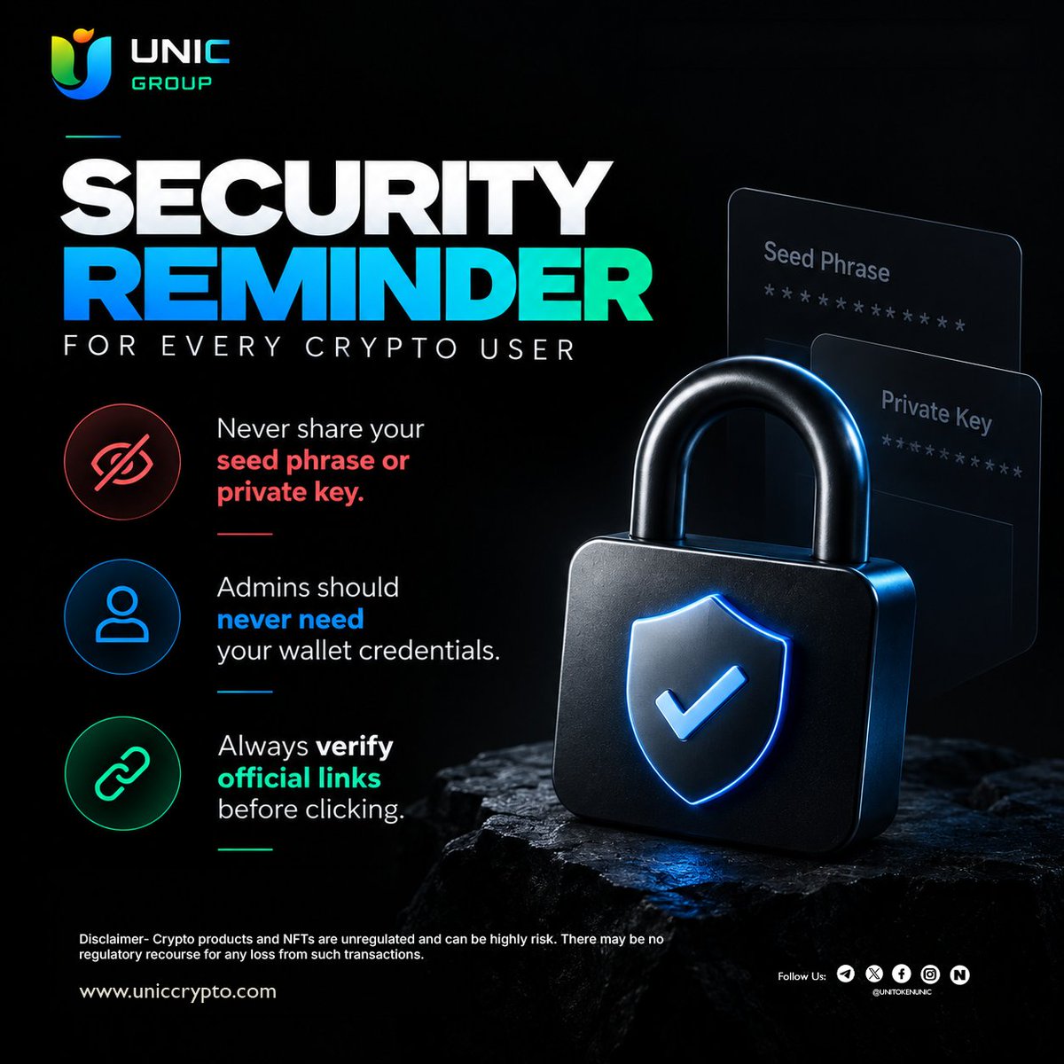 unitokenunic1's tweet photo. 🔐 Stay alert. Stay secure.

Never share your seed phrase or private key. 
Always verify before you click.

#UNIC #CryptoSecurity #StaySafe #CryptoAwareness https://t.co/EiQc9meRYW