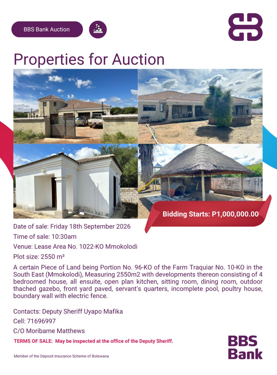 BBS_BW's tweet photo. BBS Bank Limited would like to notify all stakeholders of the upcoming property auctions. For more information, please contact the Deputy Sheriff as indicated in the advertisement.

#auction #propertyforauction #BBSBank https://t.co/pPmmJSal4Z