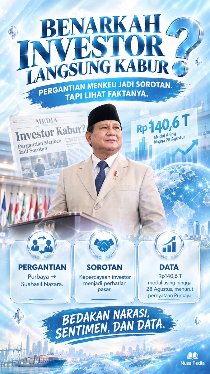NusaPedia8's tweet photo. INDONESIA TETAP STABIL DAN KUAT!

Jangan mau dibodohi narasi asing! Pergantian Purbaya itu hak prerogatif Presiden buat segarkan birokrasi.

Pasar finansial aman, tidak ada krisis. Pemerintah fokus tingkatkan pelayanan!
#JagaIndonesia #Menkeu #APBNAman #StabilitasEkonomi https://t.co/D3vbvhshQl