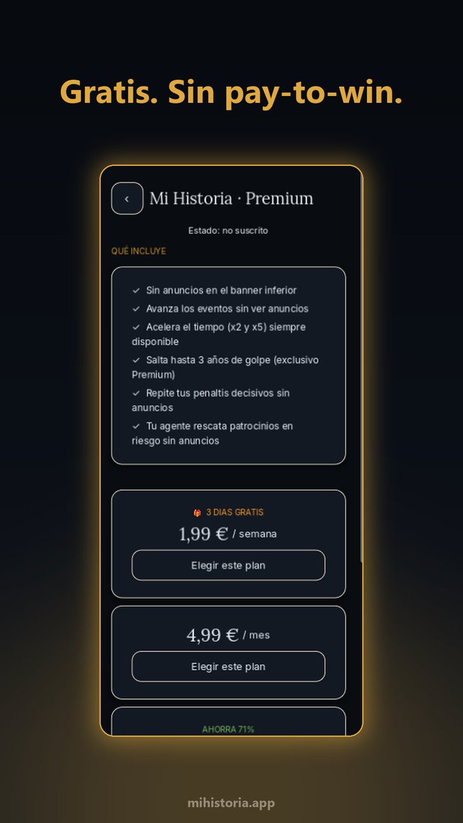 MiHistoria_app's tweet photo. Gratis y sin trampas: el dinero no se compra y no hay pay-to-win. Una suscripción opcional solo quita los anuncios. Todo se gana por mérito. ⚽

Beta 👉 https://t.co/B0V0GYNNif

#gamedev #indiedev https://t.co/7EsC4EuvTL