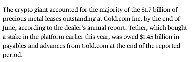 izakaminska's tweet photo. Tether's plan to dominate the emerging tokenised gold financing market appears to be going swimmingly.
As I've noted before, the group seems intent on becoming the world's largest shadow bullion bank at a time when other bullion banks are stepping back due to compliance costs. Tether, as a non-bank, can also take advantage of the fact that privacy rules that apply to traditional deposits don't apply to gold dealing.

https://t.co/bKLyYlgC6R