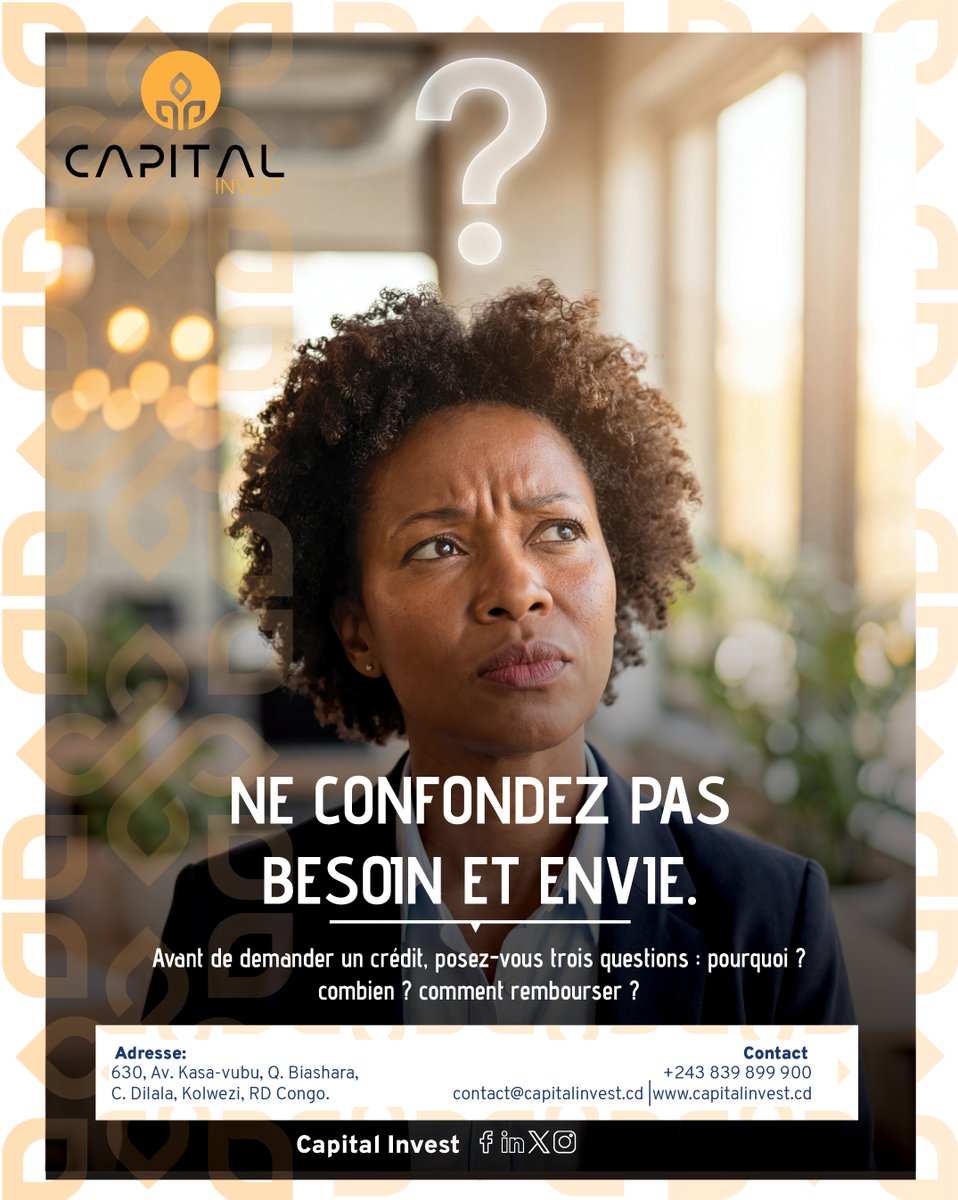 Capitalivst's tweet photo. Avant de demander un crédit, posez-vous 3 questions :

Pourquoi ?
Combien ?
Comment rembourser ?

Un crédit bien pensé commence par un besoin clair et une capacité de remboursement maîtrisée.

#CapitalInvest #Crédit #Financement #ConseilsFinanciers https://t.co/x4TIgEMEVp