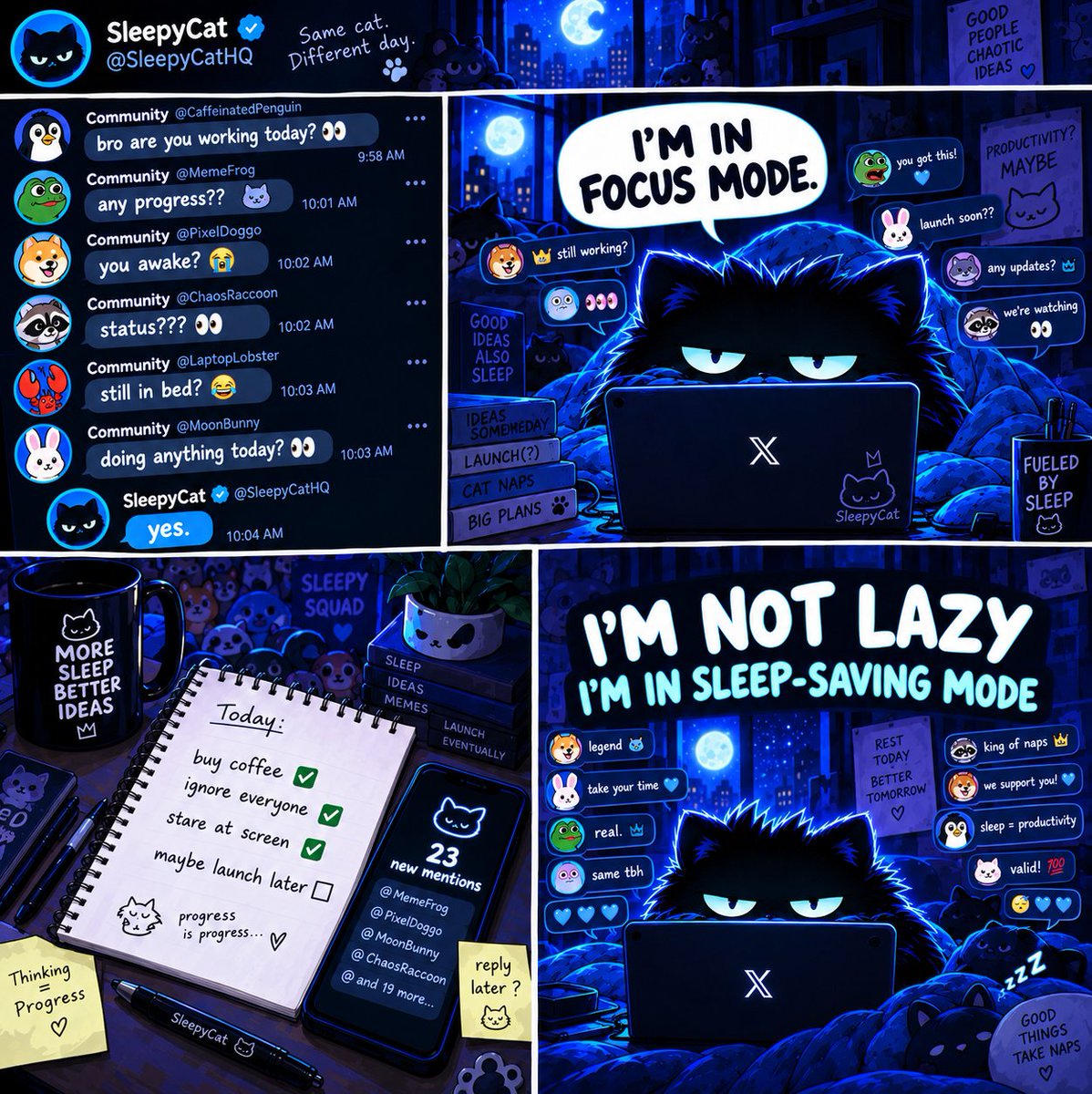 SleepyCatHQ's tweet photo. You called it laziness.
 SleepyCat called it energy management. 😴

#SleepyCat #CatMeme #MemeCoin #CryptoMeme #Web3Memes #SleepyMode #CryptoTwitter #Memes #Degens #SleepyVibes https://t.co/9ske7p77qU