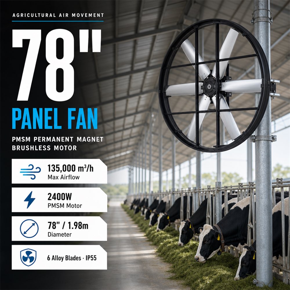 BonawindInfo's tweet photo. 78" Panel Fan for dairy barns | PMSM brushless motor

✅135,000 m³/h airflow | 2400W

✅6 alloy blades, IP55 rated

Relieve cow heat stress &amp; boost livestock comfort, ideal for large dairy farms.

A top livestock ventilation solution discussed at SPACE 2026 Rennes.

@SPACERennes https://t.co/MV3pizvN4a