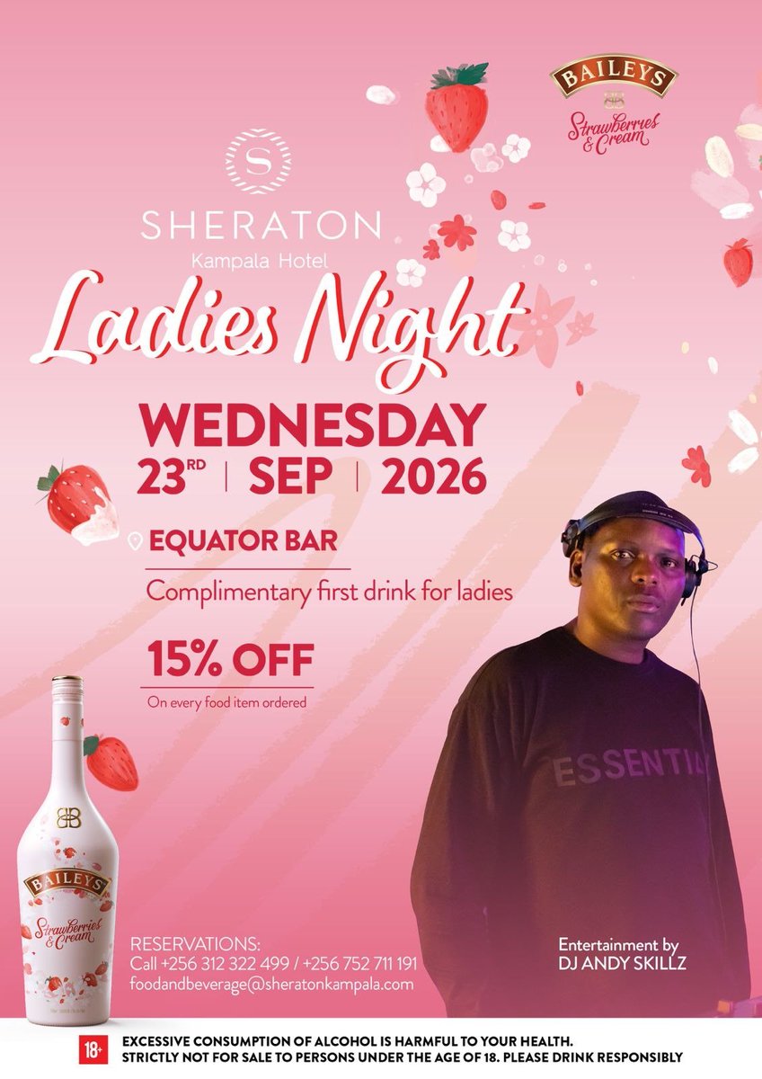 SheratonKla's tweet photo. The girls are going out and the first drink is on us 🍓🥂

Join us at Equator Bar, Sheraton Kampala Hotel for a night of great music, Baileys Strawberries &amp; Cream, complimentary drinks and 15% off food. Reserve your spot now🌸

#sheratonkampalahotel 
#ladiesnight https://t.co/11IPKd9Zz8