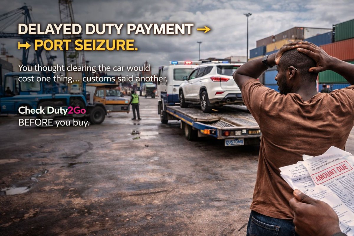Duty2go's tweet photo. You thought clearing the car would be simple…
Then the duty came.Too high to pay.

Now the car is stuck — and charges keep adding.Avoid the stress. Check first with #Duty2Go 

Use #Duty2Go Android: https://t.co/XpeSLcIhK1 | iOS: https://t.co/vFlXzHNm7b
Whtsap +233302902719 https://t.co/IyZLFTpdtI