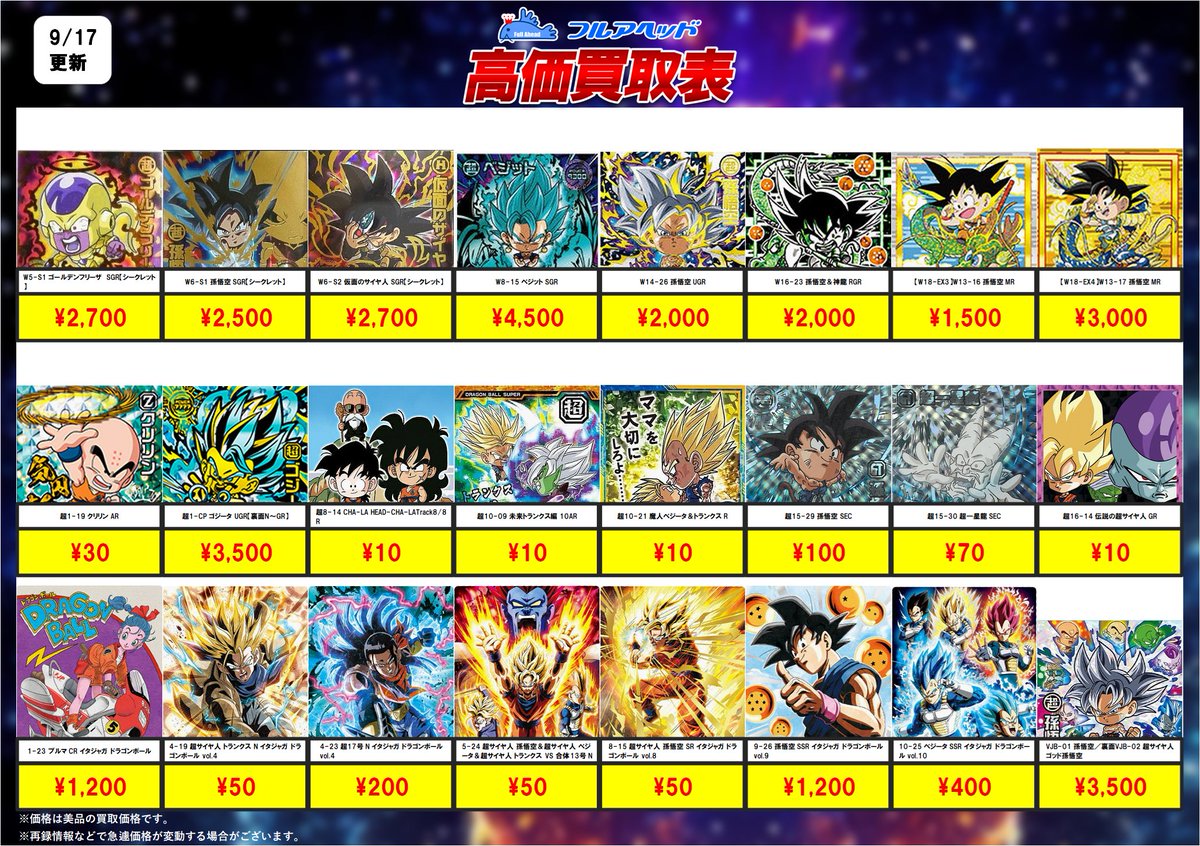 full_shokugan's tweet photo. 食玩ドラゴンボール買取表更新！

今週も引き続き強化中！
販売価格も大幅に見直しています！
たくさんのご利用お待ちしてます！

【買取表】
https://t.co/dLFUttWzlr
※日付の更新をお待ち下さい

【販売ページ】
https://t.co/aAyeB1PHAg
#食玩　#ウエハース　
#イタジャガ #フルアヘッド https://t.co/OvTzWLrnZY