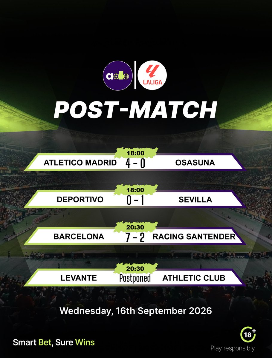adasibet's tweet photo. RESULTS ARE IN!
Wednesday, 16th September 2026
EFL Cup: Brighton stun Man Utd 2-3, Everton & Villa through
LaLiga: Barcelona hit 7, Atletico hit 4, Sevilla with the away win!
What was the biggest result of the night? Drop it below
#FootballResults #MatchDay
#Adasibet https://t.co/GI4sNcJiiO