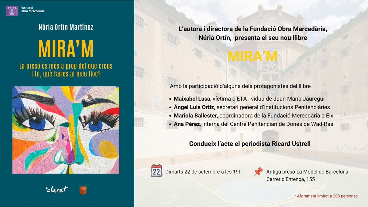 LlibreriaClaret's tweet photo. 📘 Mira’m, a La Model de Barcelona!

📆 El proper dimarts 22 de setembre a les 19h presentarem el nou llibre de @OrtinNuria en un acte conduït pel periodista Ricard Ustrell i amb la participació d’alguns dels protagonistes de l’obra.

https://t.co/vI7BXEVE7G https://t.co/olhI8linqH