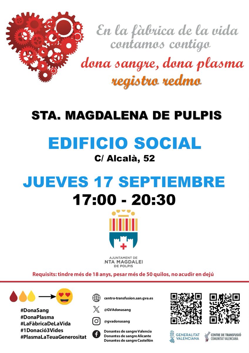 GVAdonasang's tweet photo. Dona sang a #SantaMagdalenaDePolpis
📆Dijous #17setembre
Tres persones podran millorar la seua salut, gracies a la teua generositat.
Anima't a #DonarSang
Uneix-te a la Fabrica de la vida ❤️ https://t.co/XNus6Xfk0C