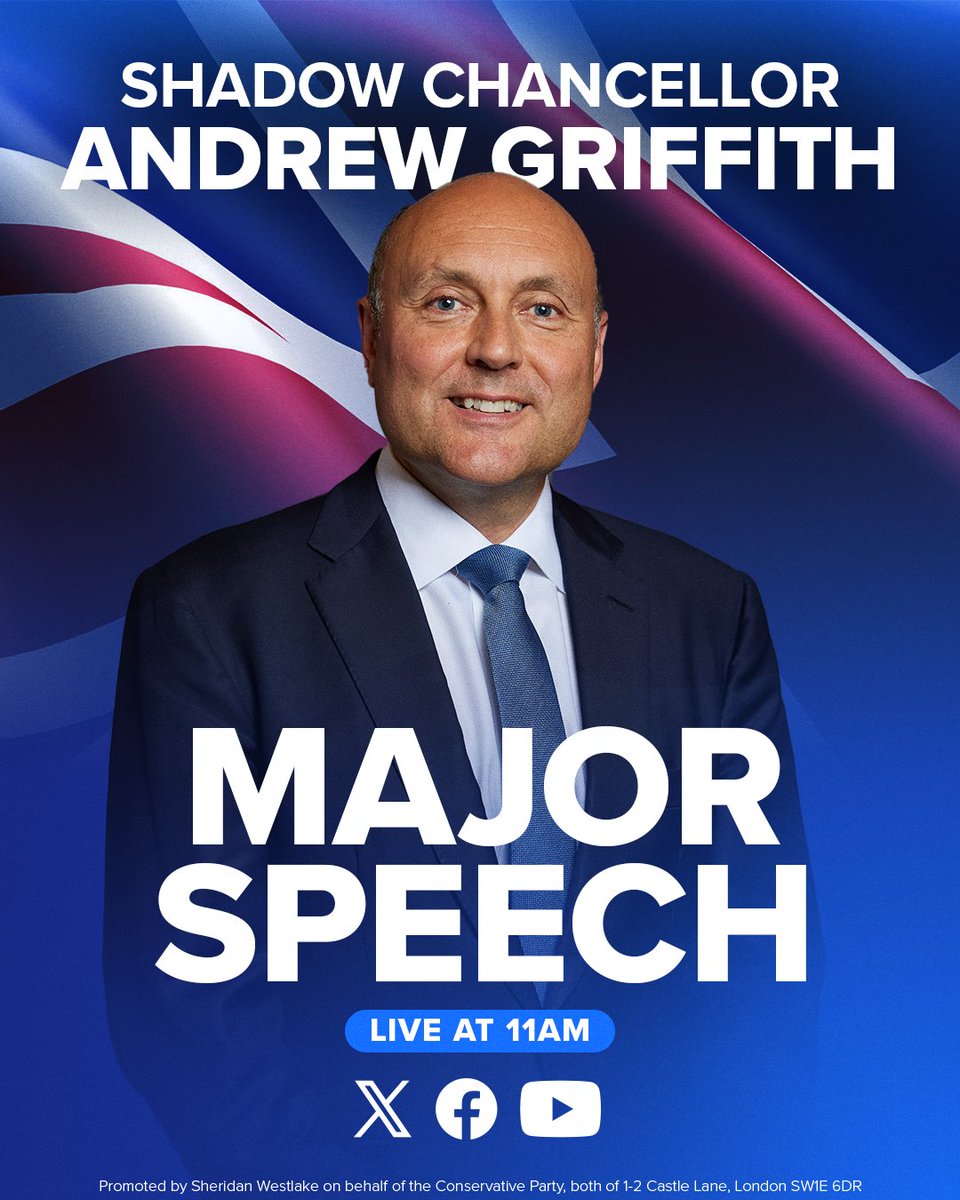 Conservatives's tweet photo. Britain cannot afford another Labour tax raid.

Today, Shadow Chancellor @griffitha will issue a direct warning to Andy Burnham in his first major speech.

LIVE on X from 11am. Don’t miss it. https://t.co/exFuV9fGRr