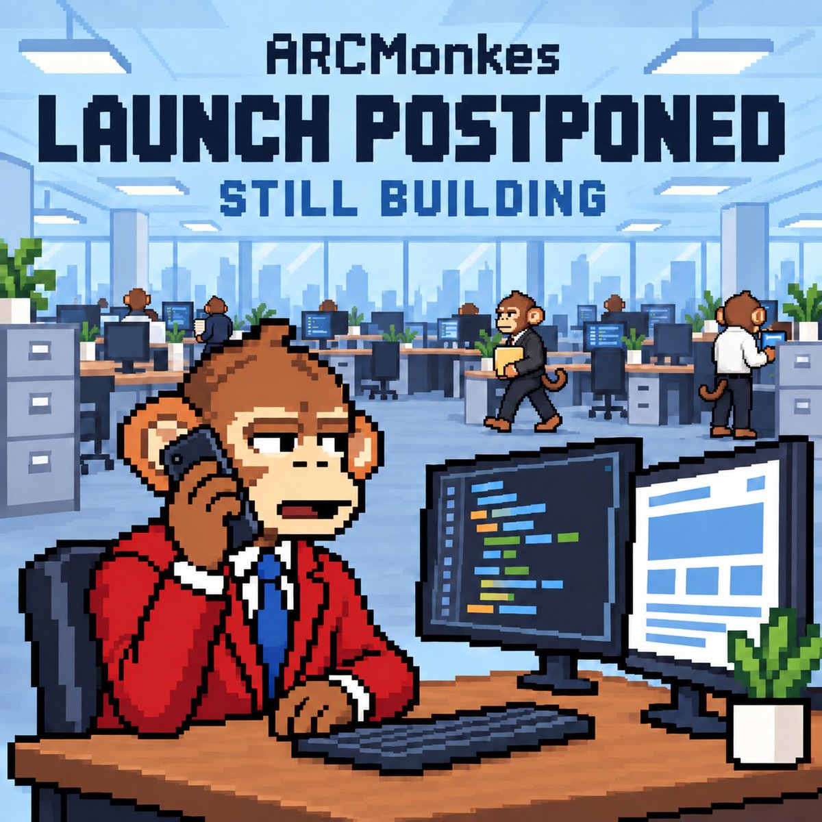 ARCMonkesClub's tweet photo. Monkes, a quick update 🐒

We’ve decided to postpone the ARCMonkes launch. The first day of @arc didn’t quite meet our expectations.

Our website is live, and WL applications are open through the site. We’re continuing to work on our smart contract and improve the website.

WL = FREE MINT 💙
Applying doesn’t guarantee a spot. We’ll review wallets and filter out bots.
Stay tuned for updates and a new launch date. Thanks for sticking with us!