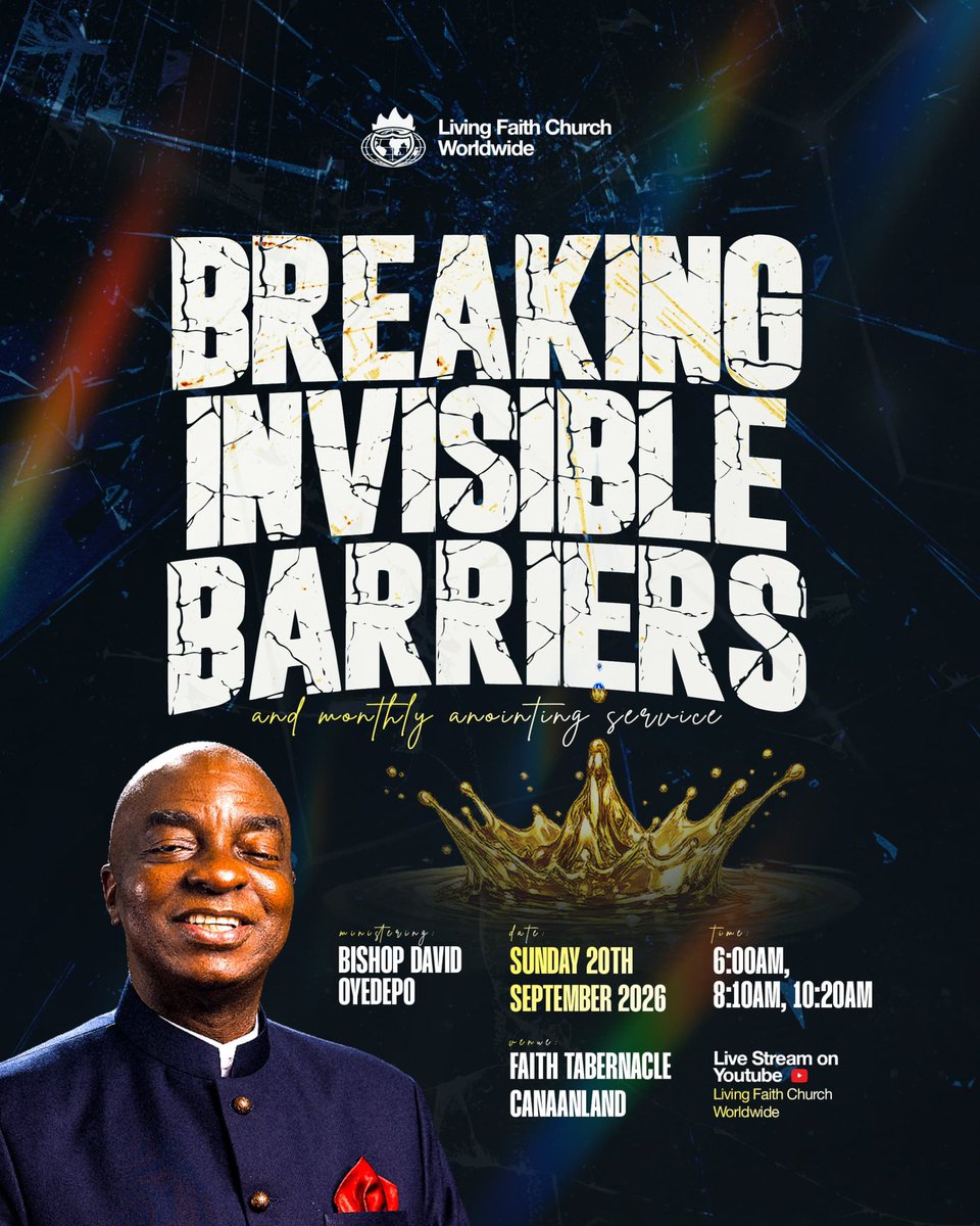 ft_canaanland's tweet photo. This Sunday, we are confronting invisible barriers with the invincible power of God.

It's our Covenant Day of Breaking Invisible Barriers—come expecting divine intervention by the power of the Word and the anointing against everything standing between you and your next level. https://t.co/Zvd9znOFxM