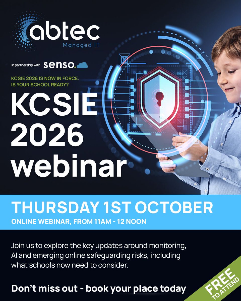 ABtecComputers's tweet photo. 🎓 Join our KCSIE 2026 webinar on Thursday 1st October, 11am – 12 noon. 

Whether you’re a DSL, safeguarding lead, IT leader or school leader, this session will help you understand what’s changed and what your school needs to consider.

📅 Learn more: 
👉 https://t.co/OJ4wWal47Z https://t.co/xfHOl1IB2f