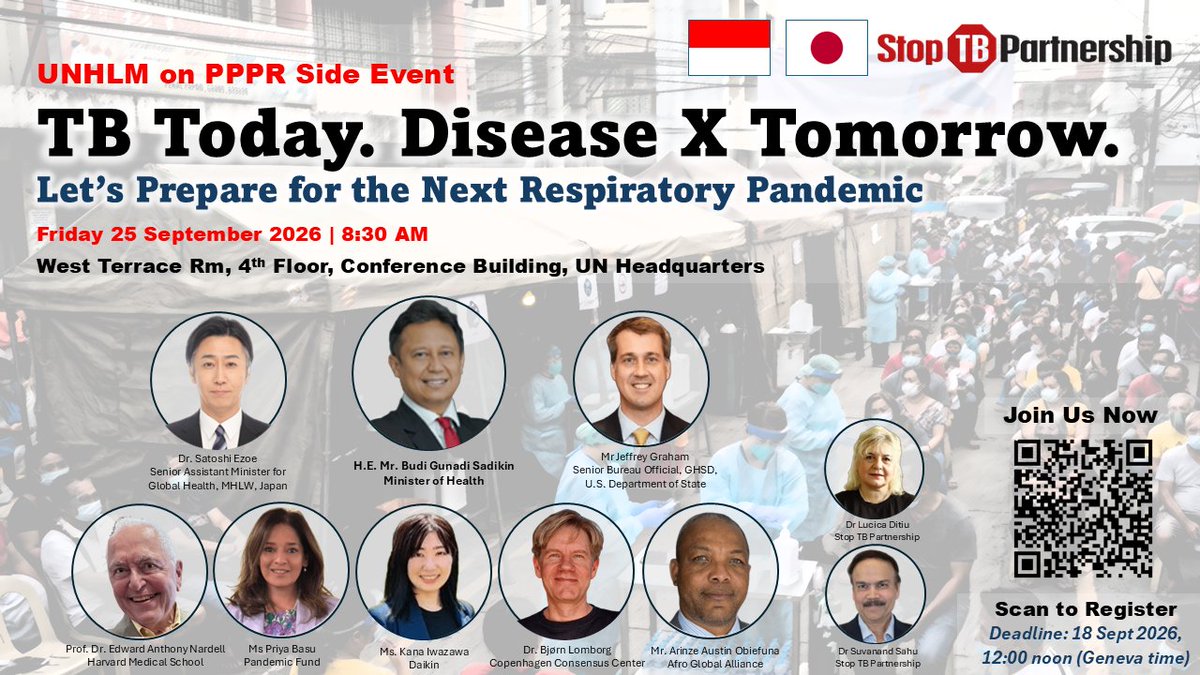 StopTB's tweet photo. 🚨 Registration deadline extended!
🫁 TB Today. Disease X Tomorrow. 🌍
Join our UNHLM on PPPR Side Event on 25 Sept at UN Headquarters, New York 🇺🇳
⏰ Register by 12 noon Geneva time, 18 Sept:
https://t.co/P6kp0mhPXe
#UNHLM #PPPR #EndTB https://t.co/4uuZZJGzp5